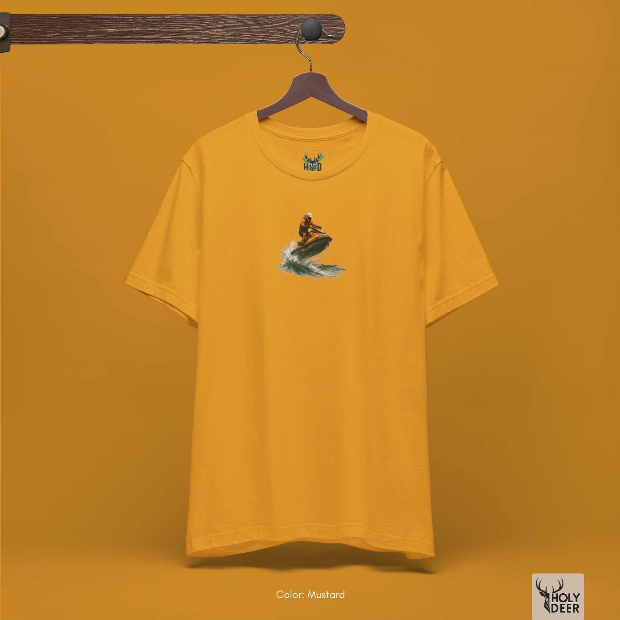 Minimalist deep teal backdrop focusing heavily on the standalone silhouette of the Jet Ski Tee by Holydeer, proving it acts as a unique artist gift and an essential boating graphic tee piece.