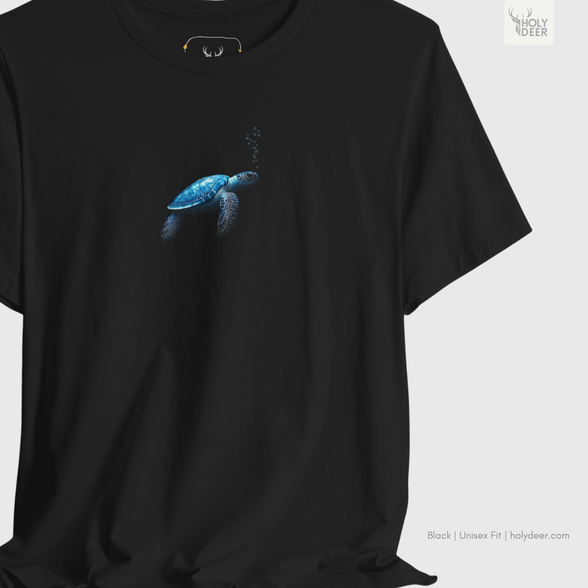 A studio product catalog frame of the independent marine life tee, surrounded by soft organic light beams and sharp geometric shadow lines.