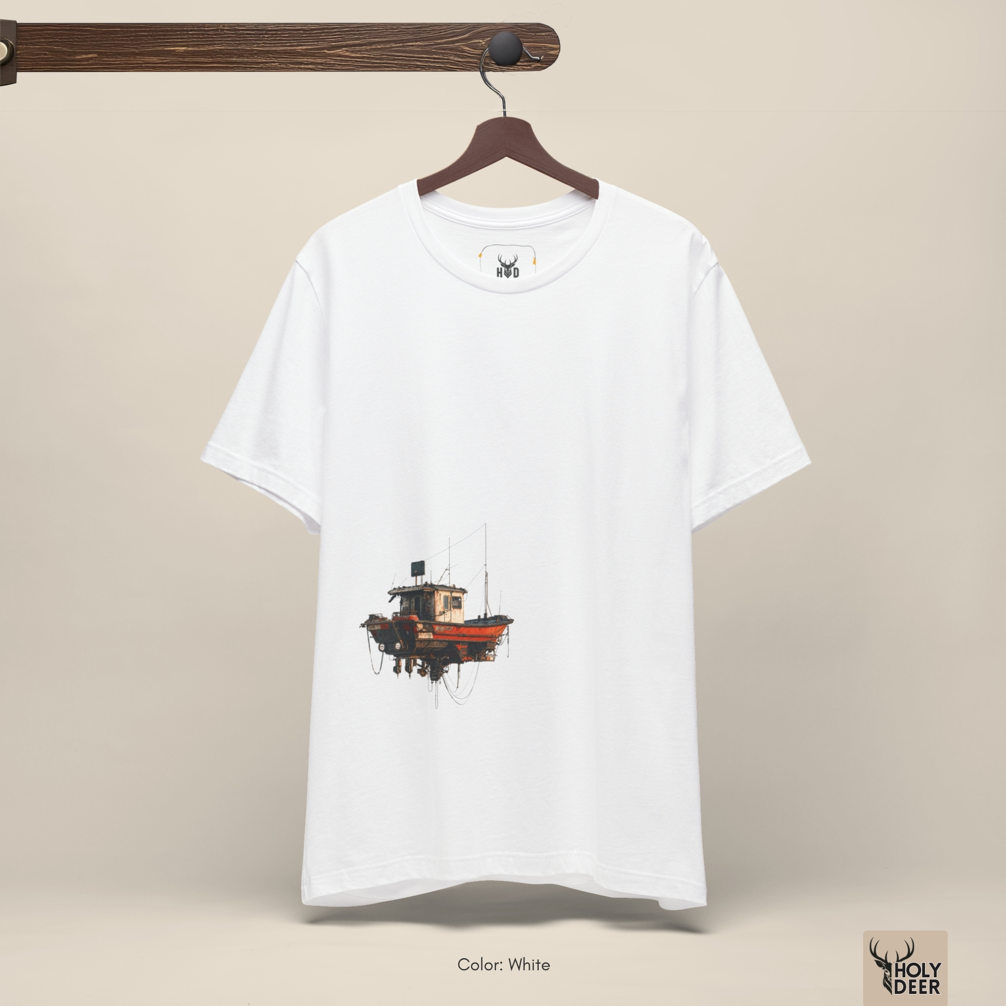 Professional flat lay photography of the fishing boat tee by Holydeer Apparel, arranged neatly next to fütüristik siberpunk modifications and high-end sea aesthetic tee blueprints.