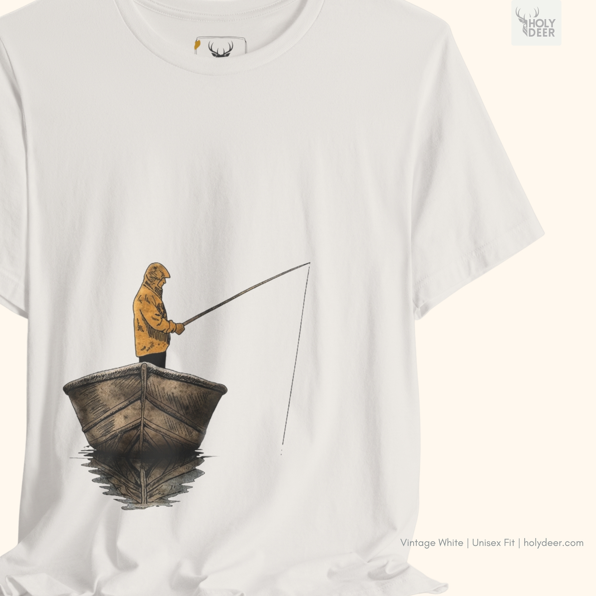 Minimalist deep teal backdrop focusing heavily on the standalone frame of the fishing tshirt by Holydeer, proving it acts as a unique artist gift and an essential lake life shirt piece.