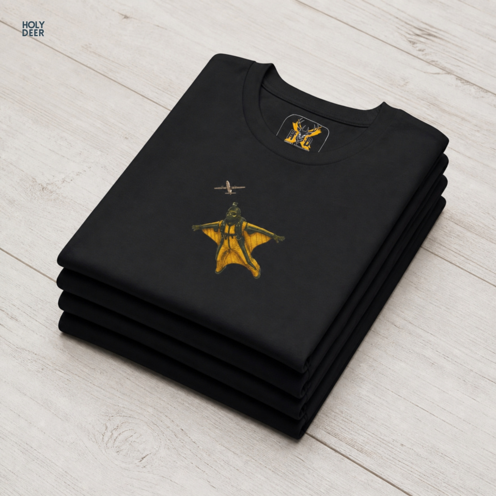 Macro view of the Wingsuit Pilot Tee print showcasing intricate pro wingsuit art textures, sleek helmet camera shapes, and the raw creative artist wear rendering crafted exclusively by Holydeer Streetwear.