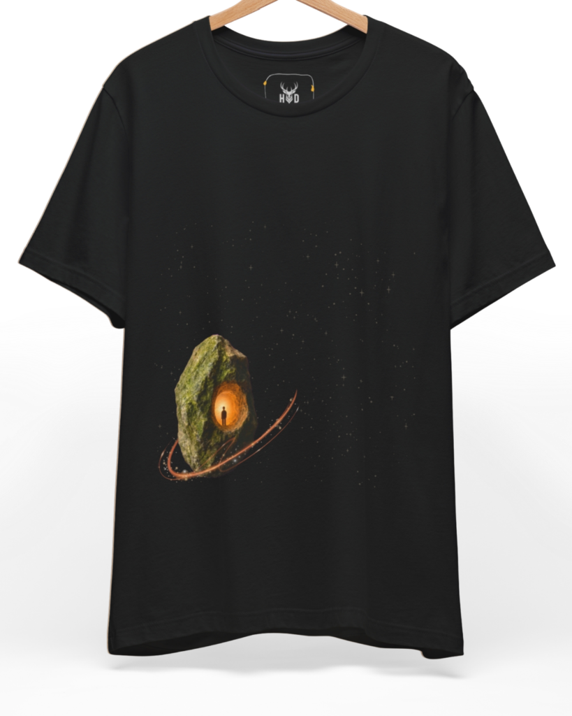 A front layout displaying the cosmic-graphic-tee-space-tshirt-astronaut-tshirt-minimalist-space-tee.jpg artwork centered on a premium charcoal black cotton backdrop by Holydeer Clothing.