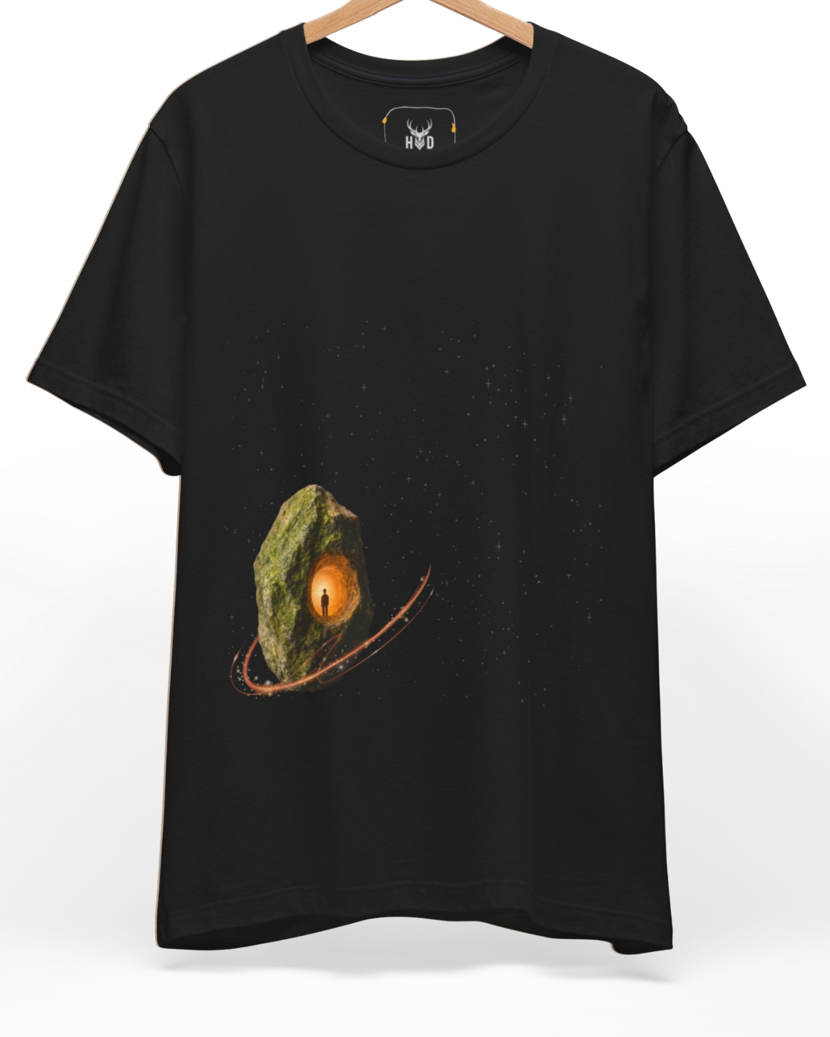 A front layout displaying the cosmic-graphic-tee-space-tshirt-astronaut-tshirt-minimalist-space-tee.jpg artwork centered on a premium charcoal black cotton backdrop by Holydeer Clothing.