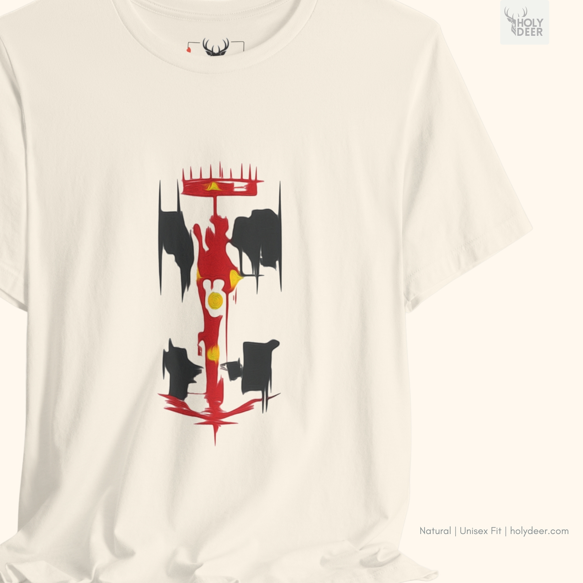Angled perspective of the premium screen-printed formula 1 shirt, detailing the thick color paint feel, racing tshirt alignment, and the signature holydeer tee high-contrast f1 gift look.