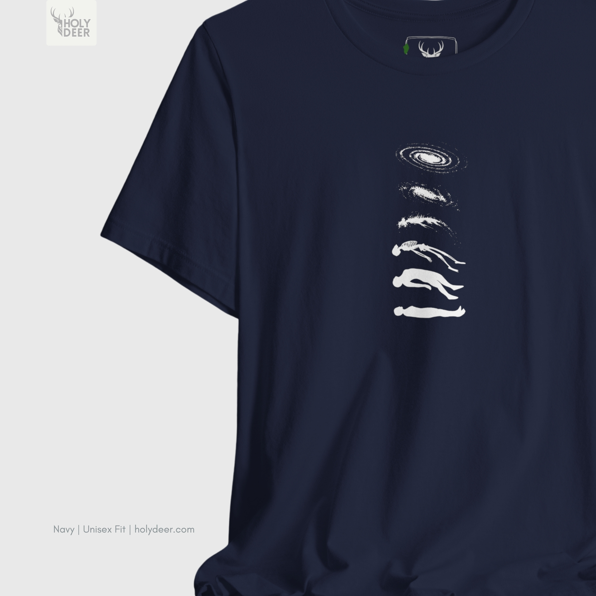 Professional flat lay photography of the Cosmic Evolution Tee by Holydeer Apparel, arranged elegantly next to matte black telescope lenses, star maps, and premium starseed gift top items.