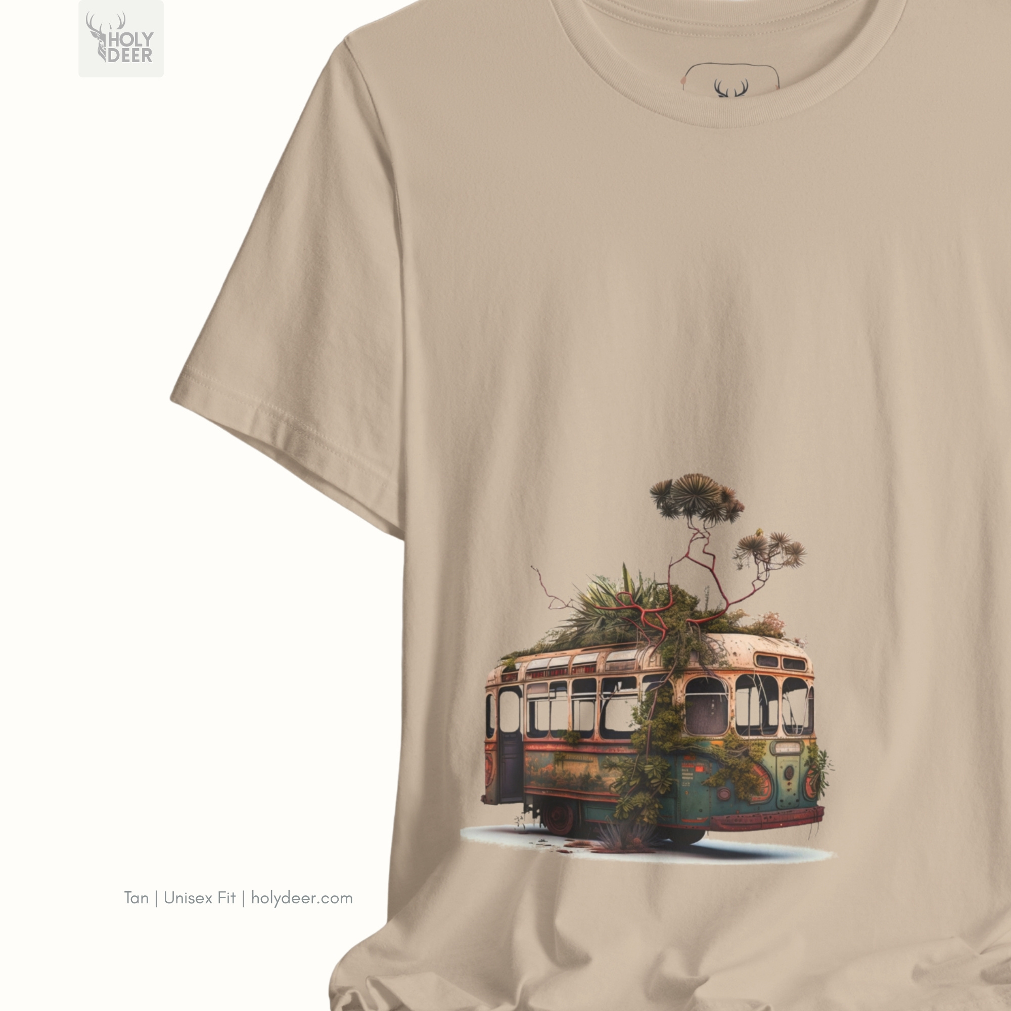 Minimalist dark backdrop focusing heavily on the standalone frame of the Surreal Bus Tee by Holydeer, proving it acts as a unique wearable art piece and an essential overgrown bus tee collectible.