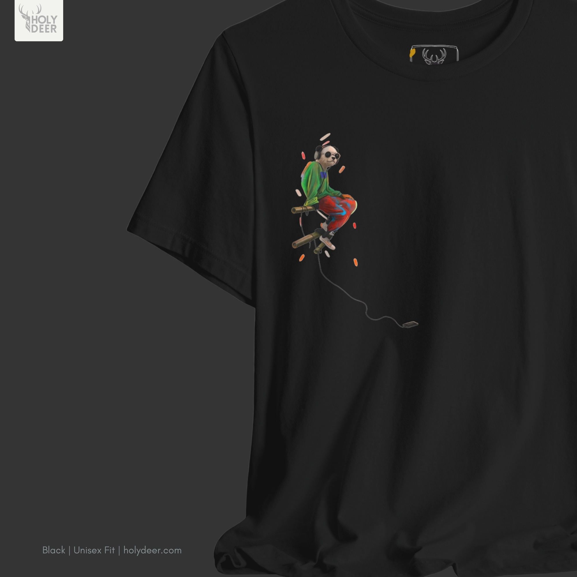 The iconic Music Panda Tee hanging cleanly on a luxury wood hanger, highlighting the robust neckline structure, crisp centered floating panda art flow, and the official holydeer.com retail tags.