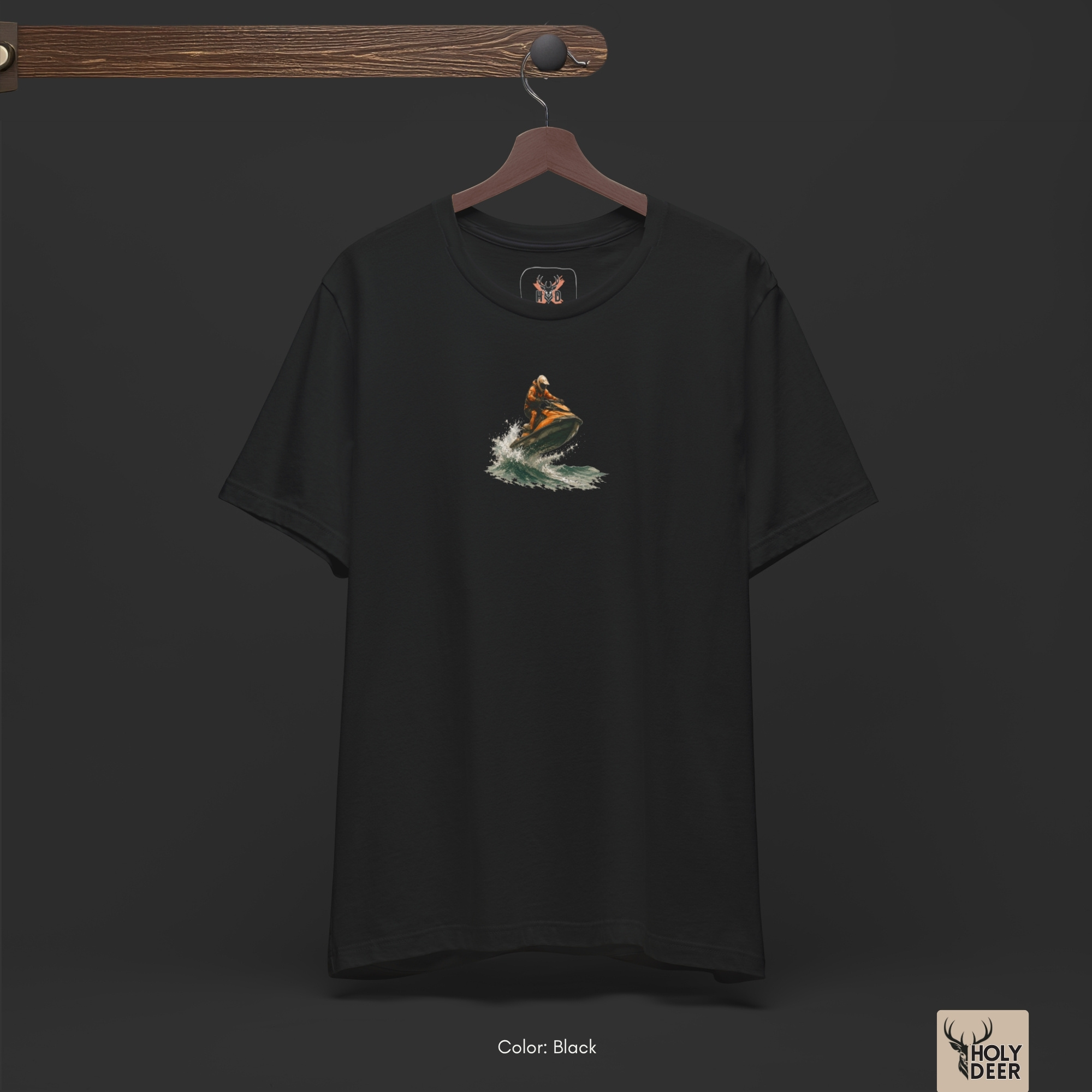 Soft shadow studio backdrop framing the unique Jet Ski Tee by Holydeer Streetwear, magnifying the clean centered aquatic rhythm top placement and premium sea adventure art presentation.