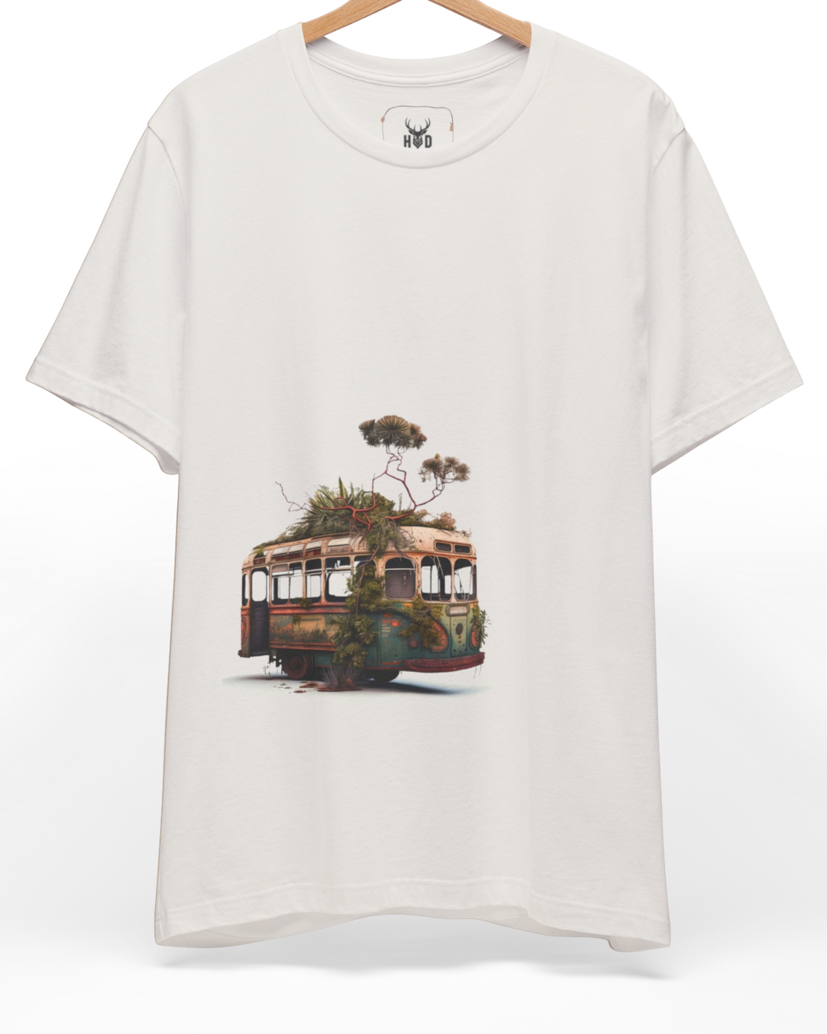 Premium Surreal Bus Tee displaying a unique overgrown bus tee surreal bus tee dreamlike bus tee soft dystopia tee mood piece layout on a vintage white backdrop, designed by Holydeer Clothing.