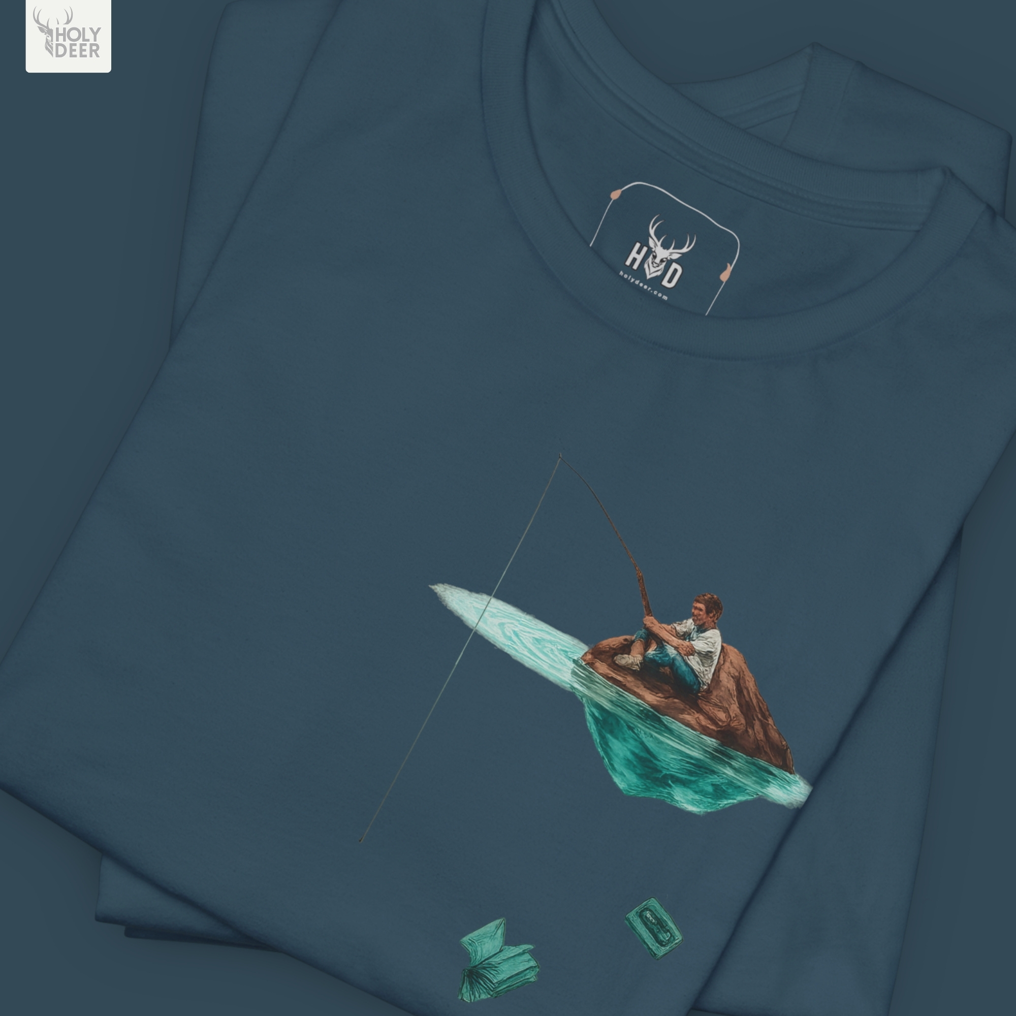Angled perspective of the premium screen-printed Surreal Fishing Tee, detailing the thick paint feel of the cascading retro television console frame and glass bottle shapes, center-right layout placement, and the signature holydeer tee high-contrast design.