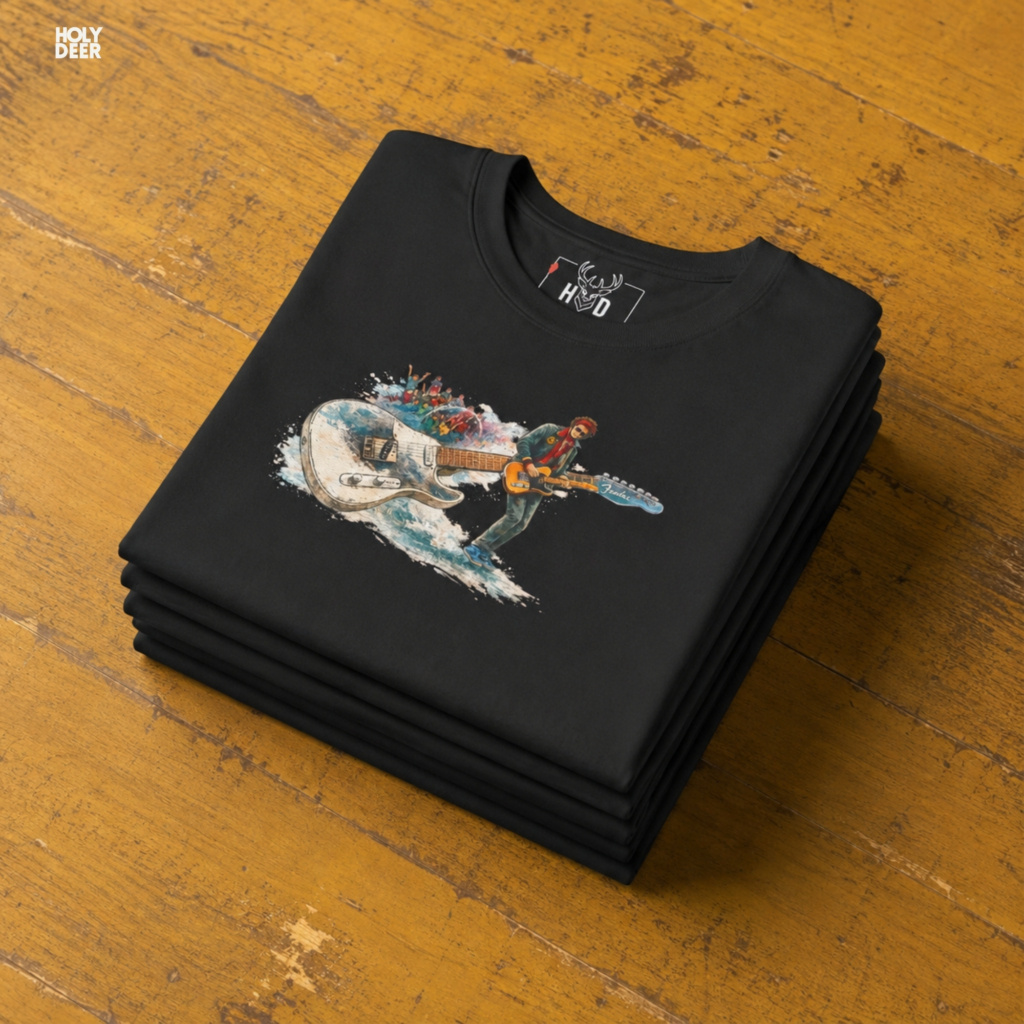 Angled perspective of the premium screen-printed Rock Music Shirt, detailing the thick paint feel of the watercolor concert crowd elements, centered layout placement, and the signature holydeer tee high-contrast design.