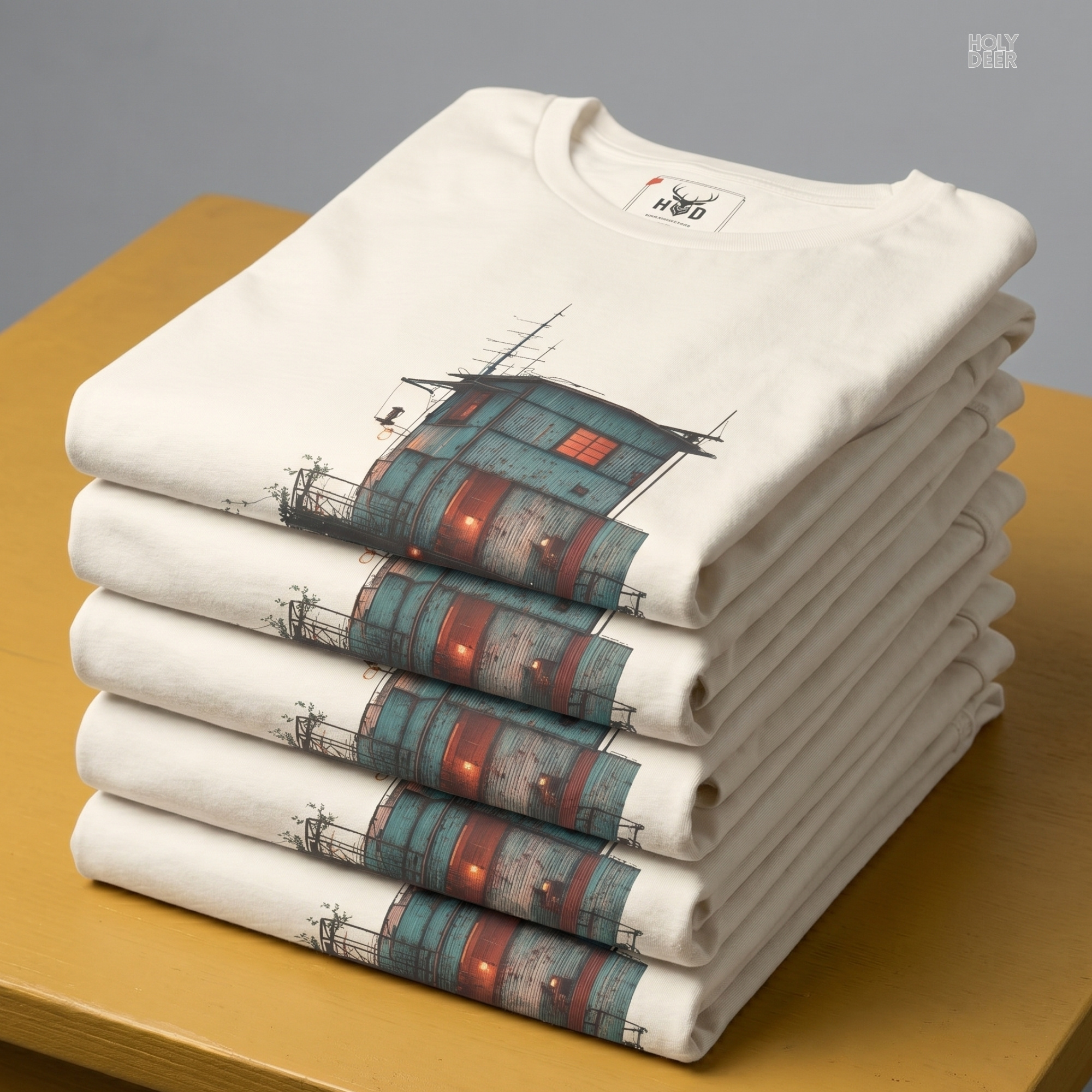 Macro view of the Surreal Coastal Watchtower Shirt print showcasing intricate rust lines on the blue watchtower shirt, glowing orange window light textures, and the raw minimal art tee details crafted exclusively by Holydeer Streetwear.