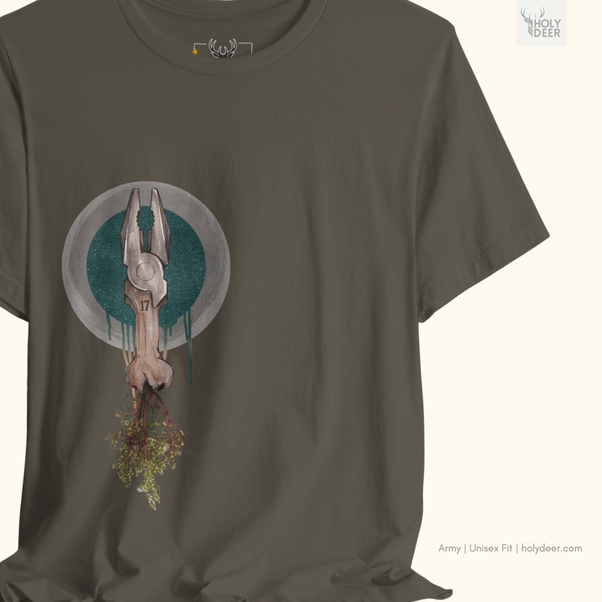 The iconic Organic Tool Tee hanging cleanly on a luxury wood hanger, highlighting the robust neckline structure, crisp side-weighted biomechanical layout flow, and the official holydeer.com retail tags.