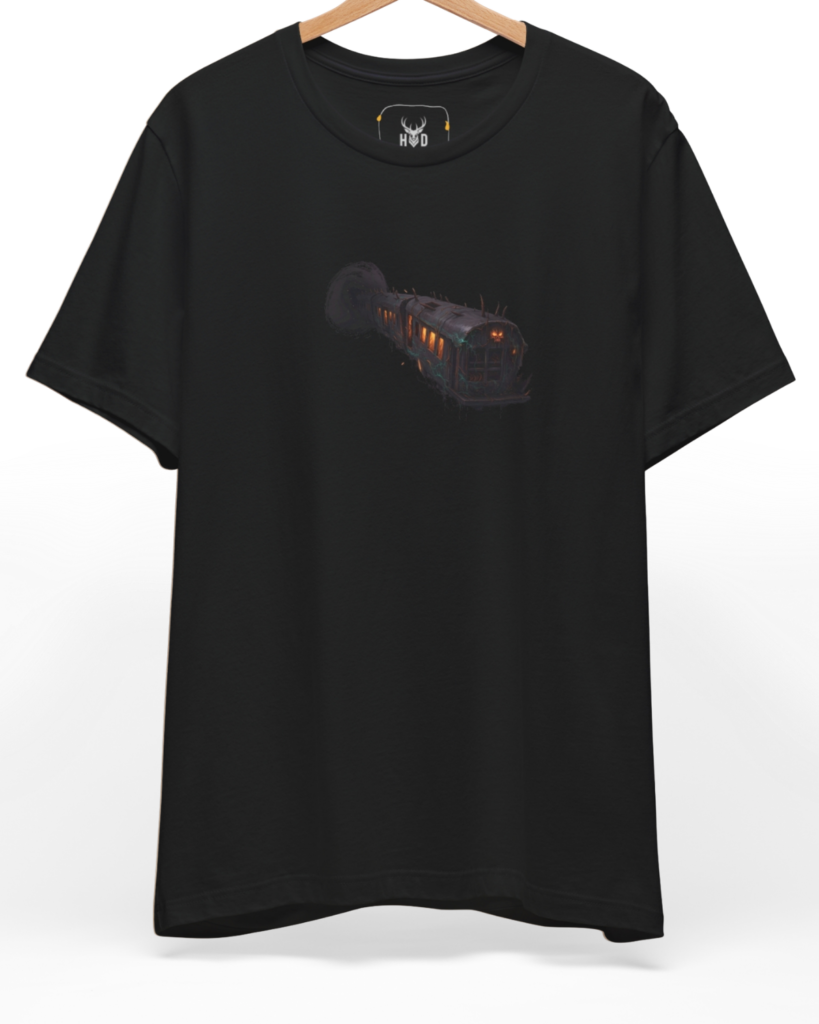 Premium Eerie Surreal Train Graphic Tee displaying a high-detail gothic locomotive and dark tunnel scene concept on a mustard yellow tee layout, designed by Holydeer Clothing.