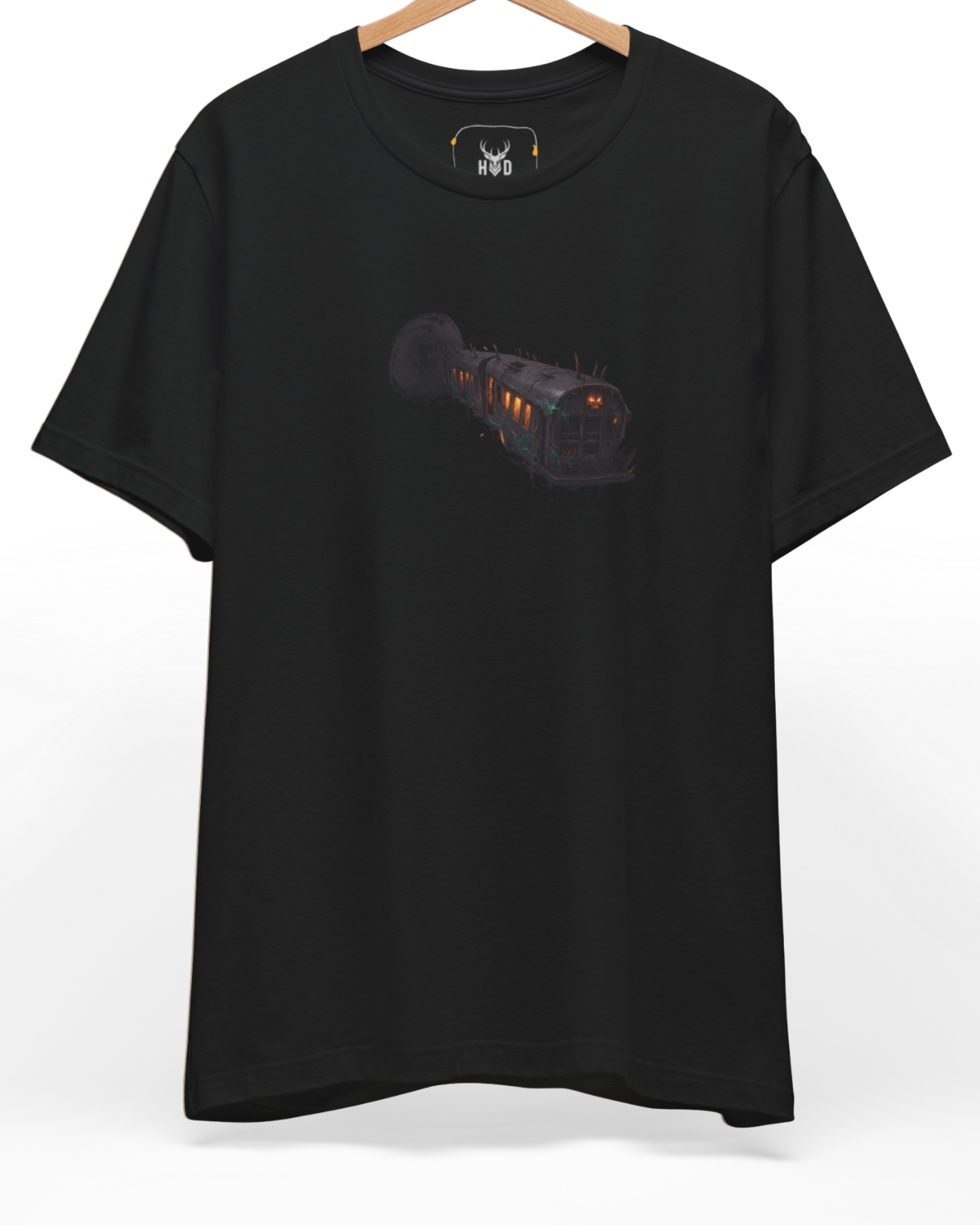 Premium Eerie Surreal Train Graphic Tee displaying a high-detail gothic locomotive and dark tunnel scene concept on a mustard yellow tee layout, designed by Holydeer Clothing.