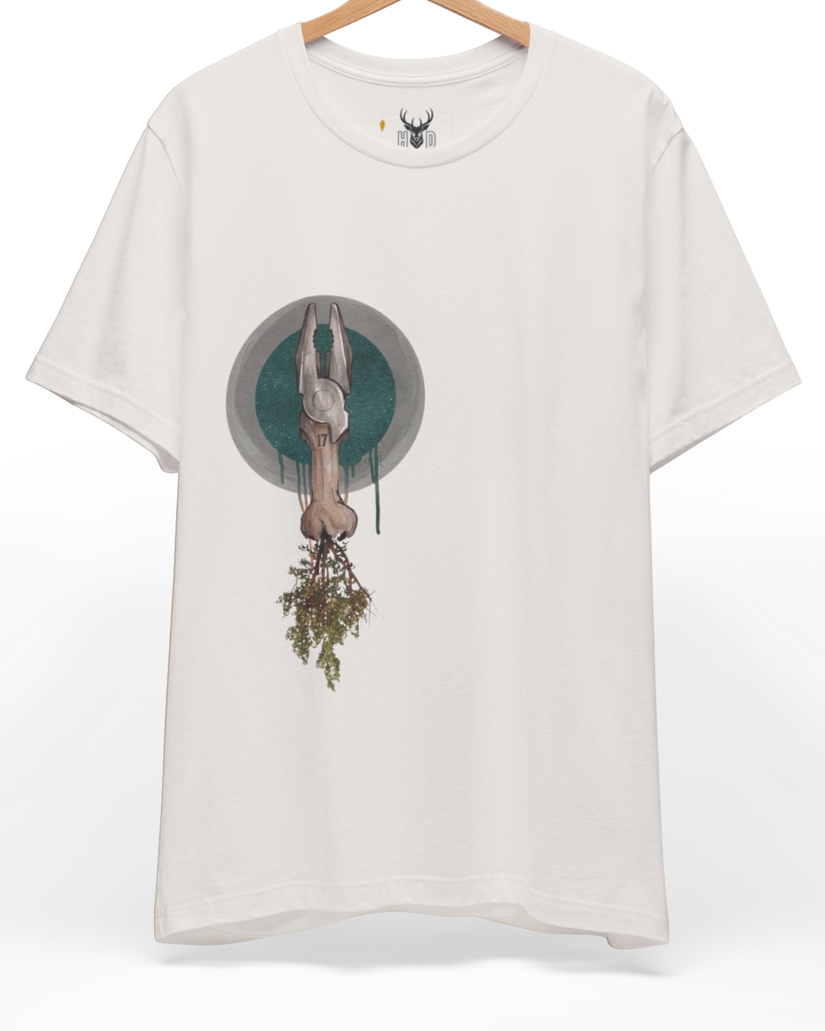 Premium Organic Tool Tee displaying a unique organic tool tee tool meets nature quiet resistance soft rebellion visual metaphor layout on a vintage white backdrop, designed by Holydeer Clothing.