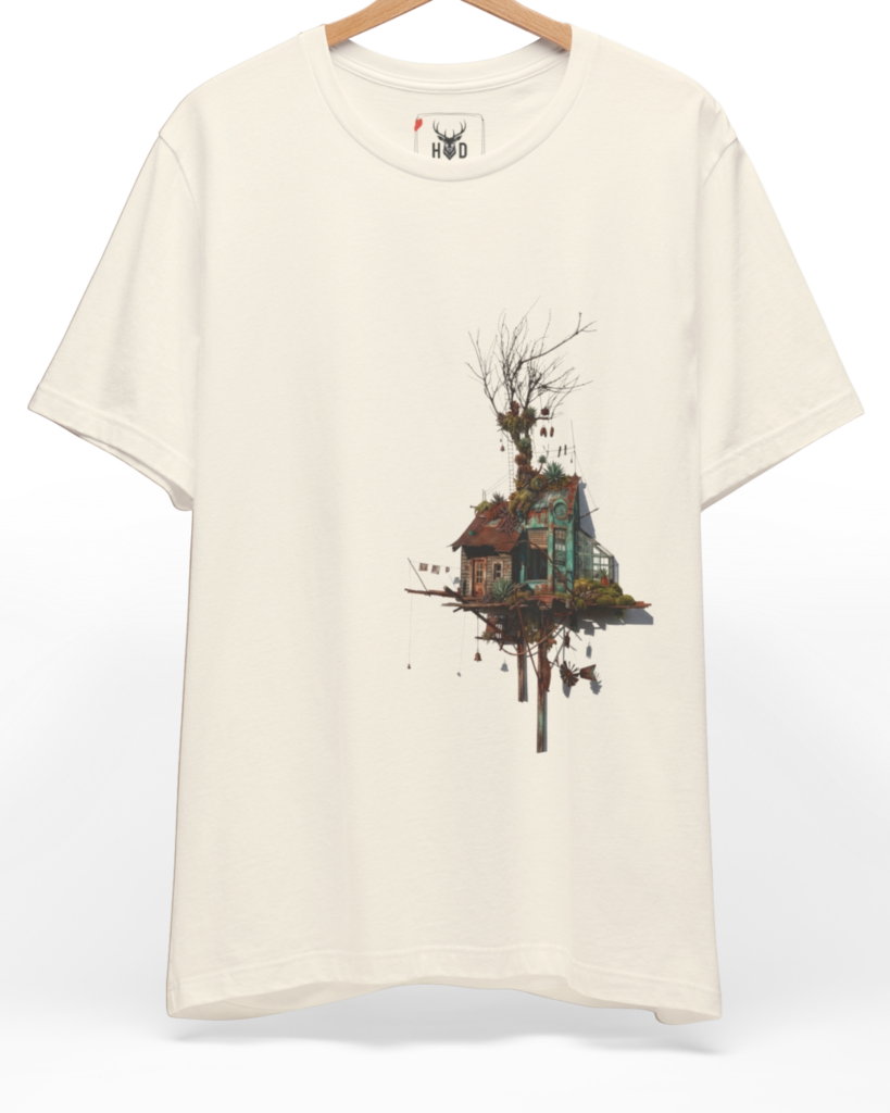 An eye-level studio presentation highlighting the tree-house-shirt-treehouse-tshirt-floating-house-tee-surreal-house-tee.jpg artwork centered on a premium combed cotton canvas by Holydeer Clothing.