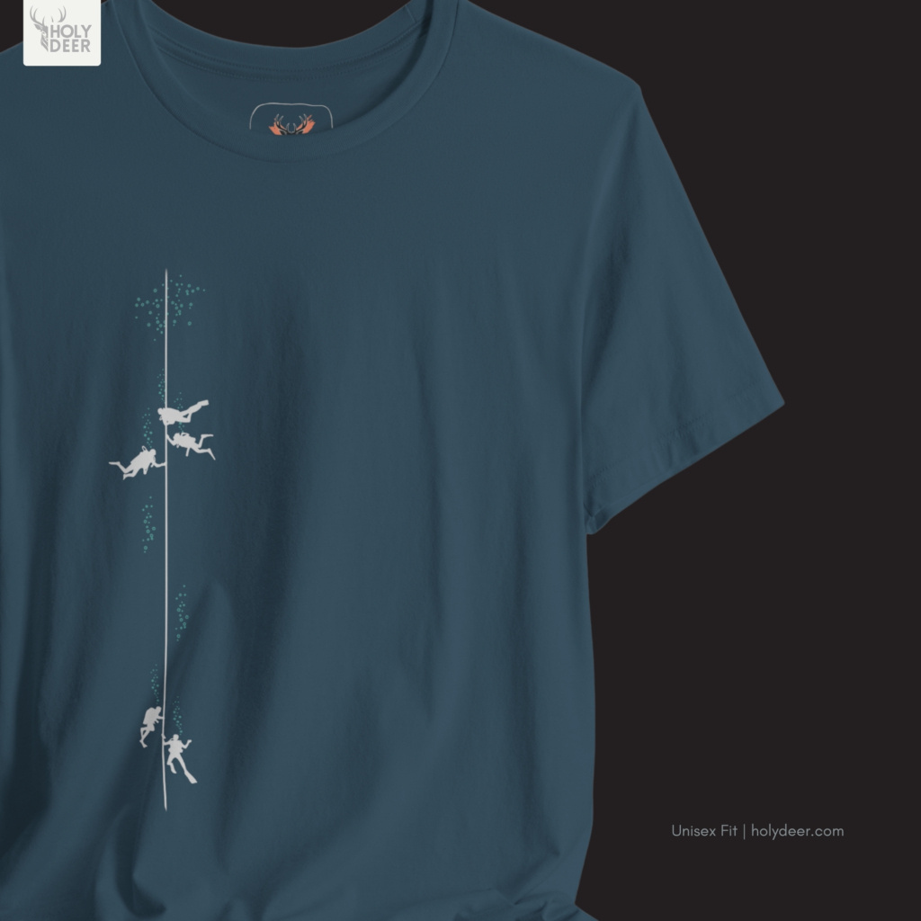 Coastline lifestyle model wearing the asymmetrically balanced Scuba Diving Tee from Holydeer Clothing, standing as a high-end diving team tee statement matching elite minimalist sea art trends.
