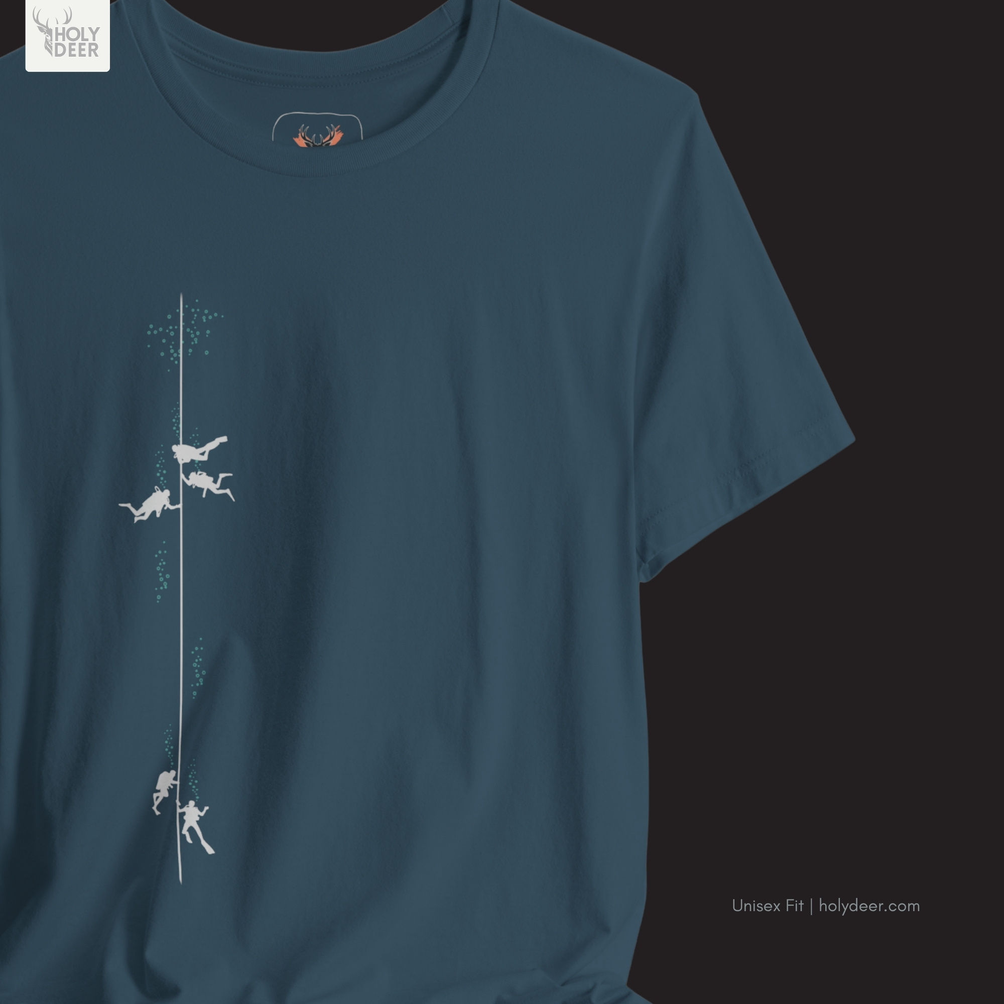 Coastline lifestyle model wearing the asymmetrically balanced Scuba Diving Tee from Holydeer Clothing, standing as a high-end diving team tee statement matching elite minimalist sea art trends.