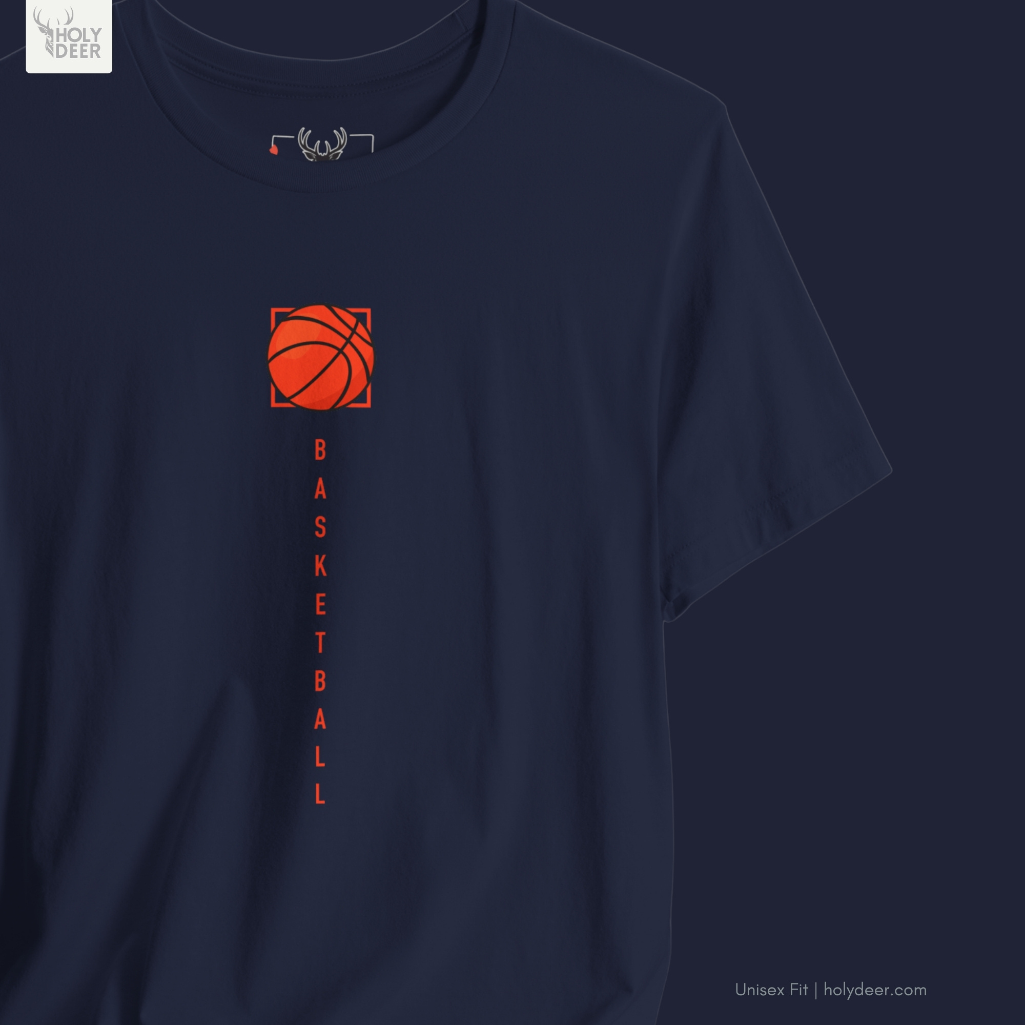 Macro view of the fine sans-serif vertical letter rendering running down the center of the Minimalist Hoops Life Graphic Tee artwork, showing the print depth that separates this holydeer tee from generic products.