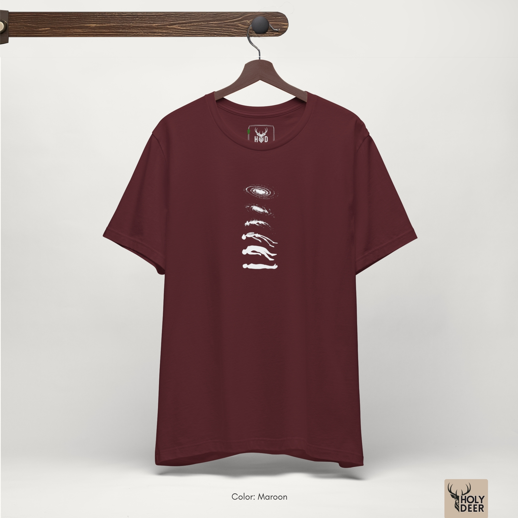 Angled perspective of the premium screen-printed Cosmic Evolution Tee, detailing the thick paint feel of the dissolving human body outline, centered vertical sequence placement, and the signature holydeer tee high-contrast design.