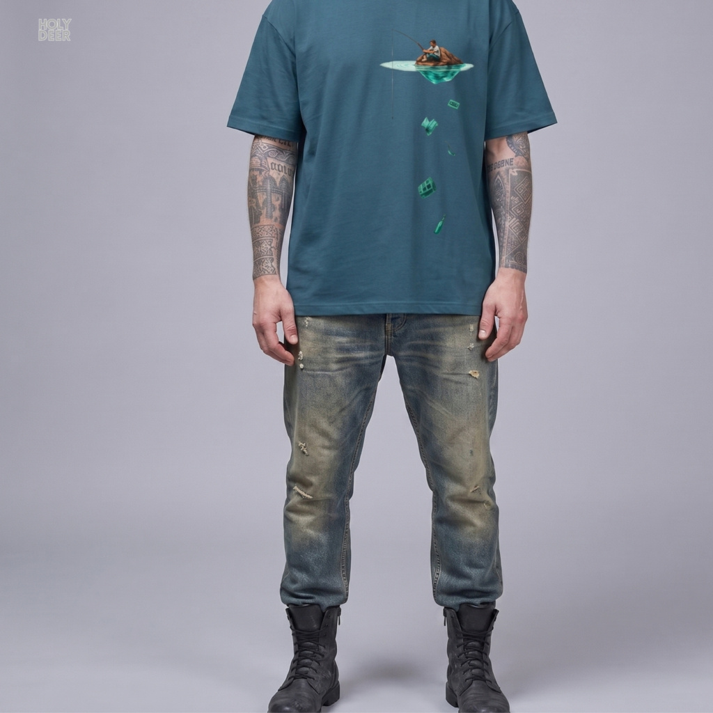 Modern brutalist industrial canal concrete architecture outdoor lifestyle model wearing the centered Surreal Fishing Tee from Holydeer Clothing, standing as an unseen world tee statement matching elite below the calm trends.