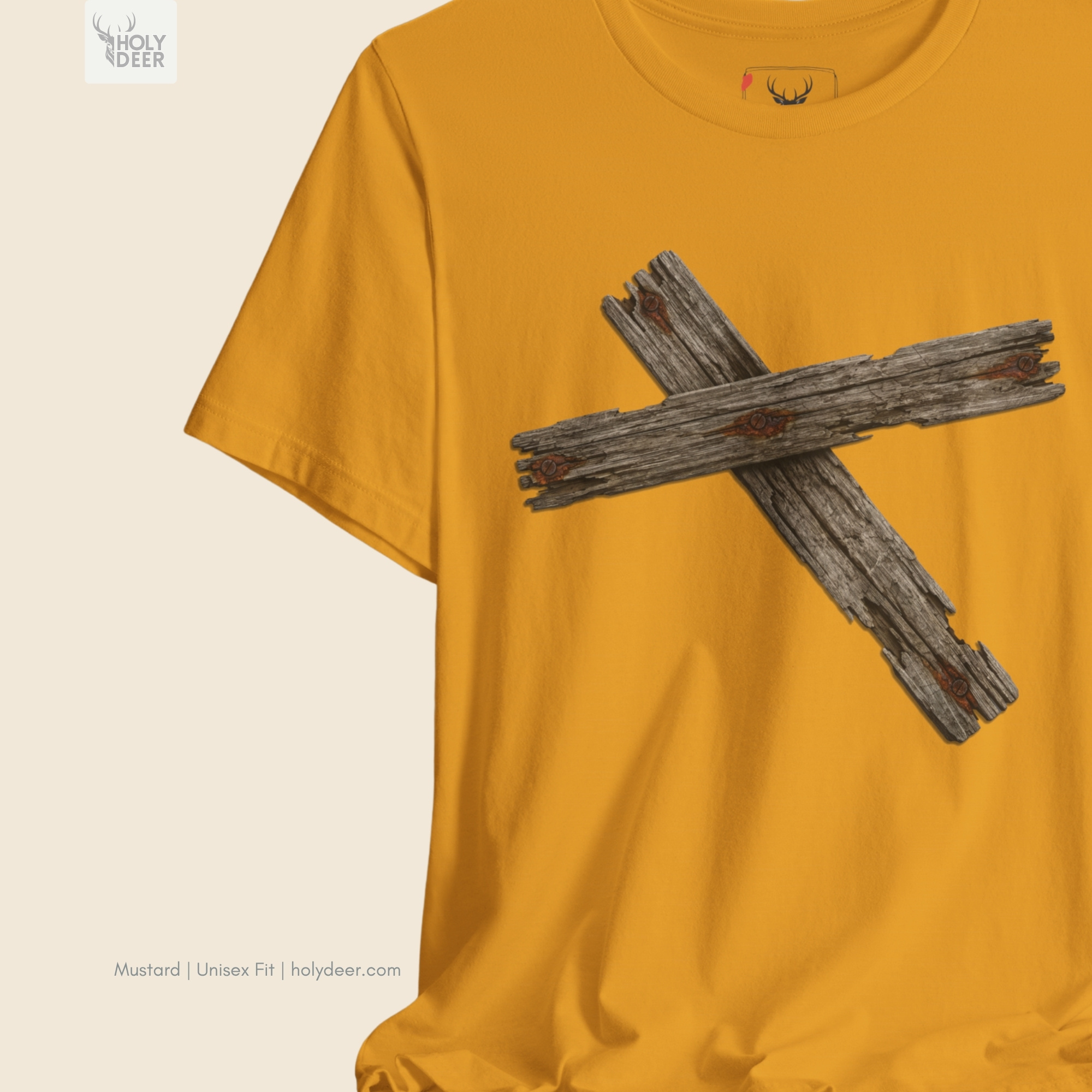 Close up macro photo of the inner collar branding stamp on the Wooden Cross Tshirt, verifying original Holydeer Clothing authenticity and high-end minimalist natural boutique luxury heritage.