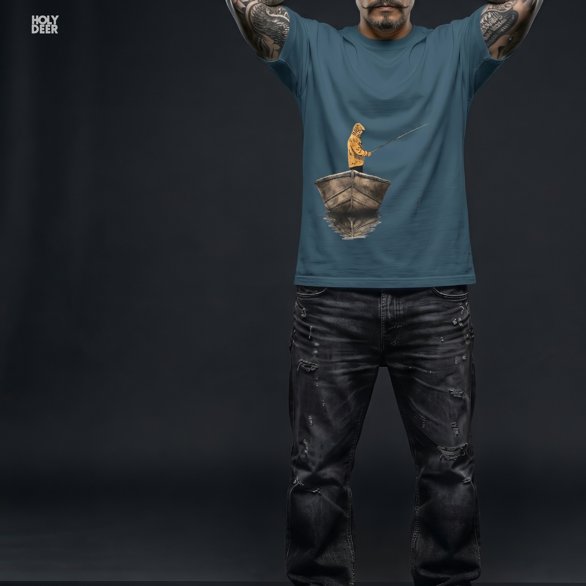 Lakeside wooden dock lifestyle model wearing the asymmetrically balanced fishing tshirt from Holydeer Clothing, standing as a high-end fisherman tee statement matching elite lake life shirt trends.