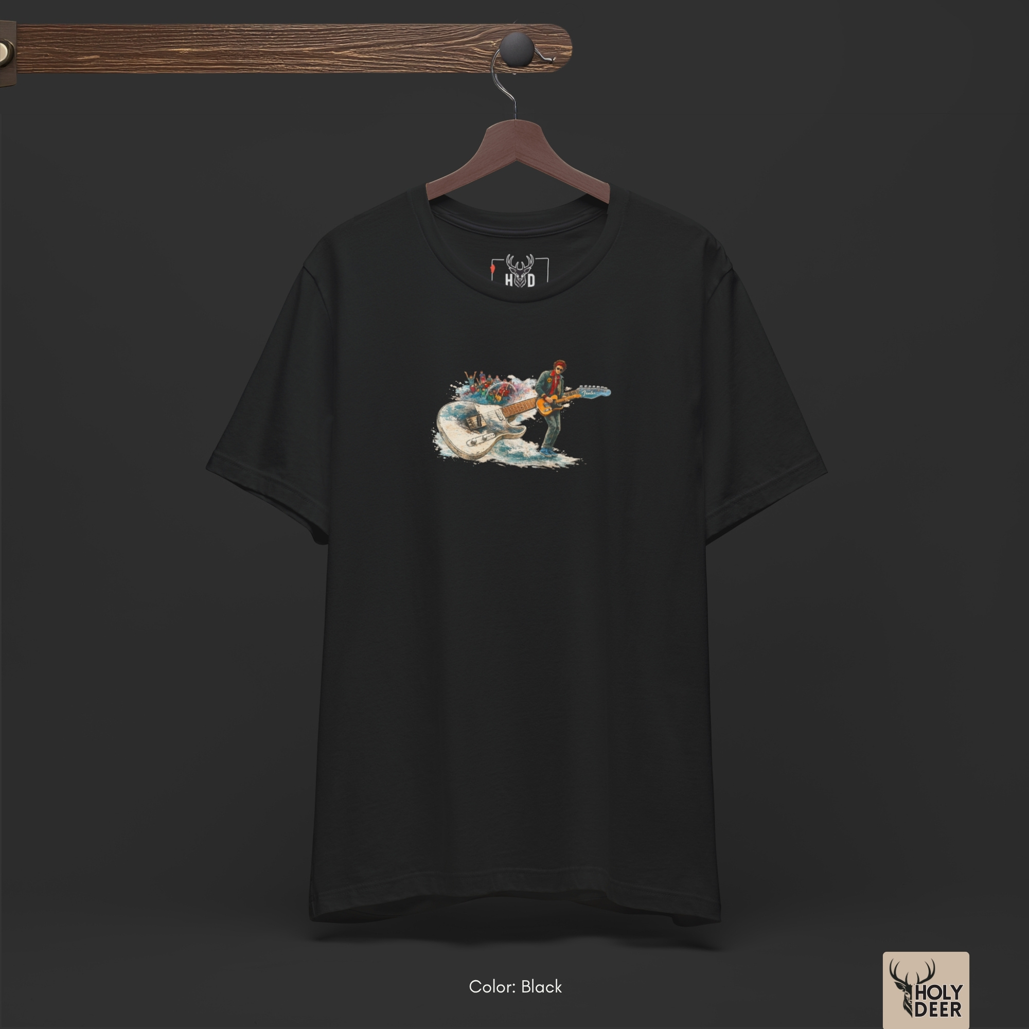 A candid brick alley outdoor lifestyle photo featuring a music creator wearing the official Rock Music Shirt by Holydeer Clothing, blending seamlessly into raw indie creator wear and dynamic rock n roll shirt settings.