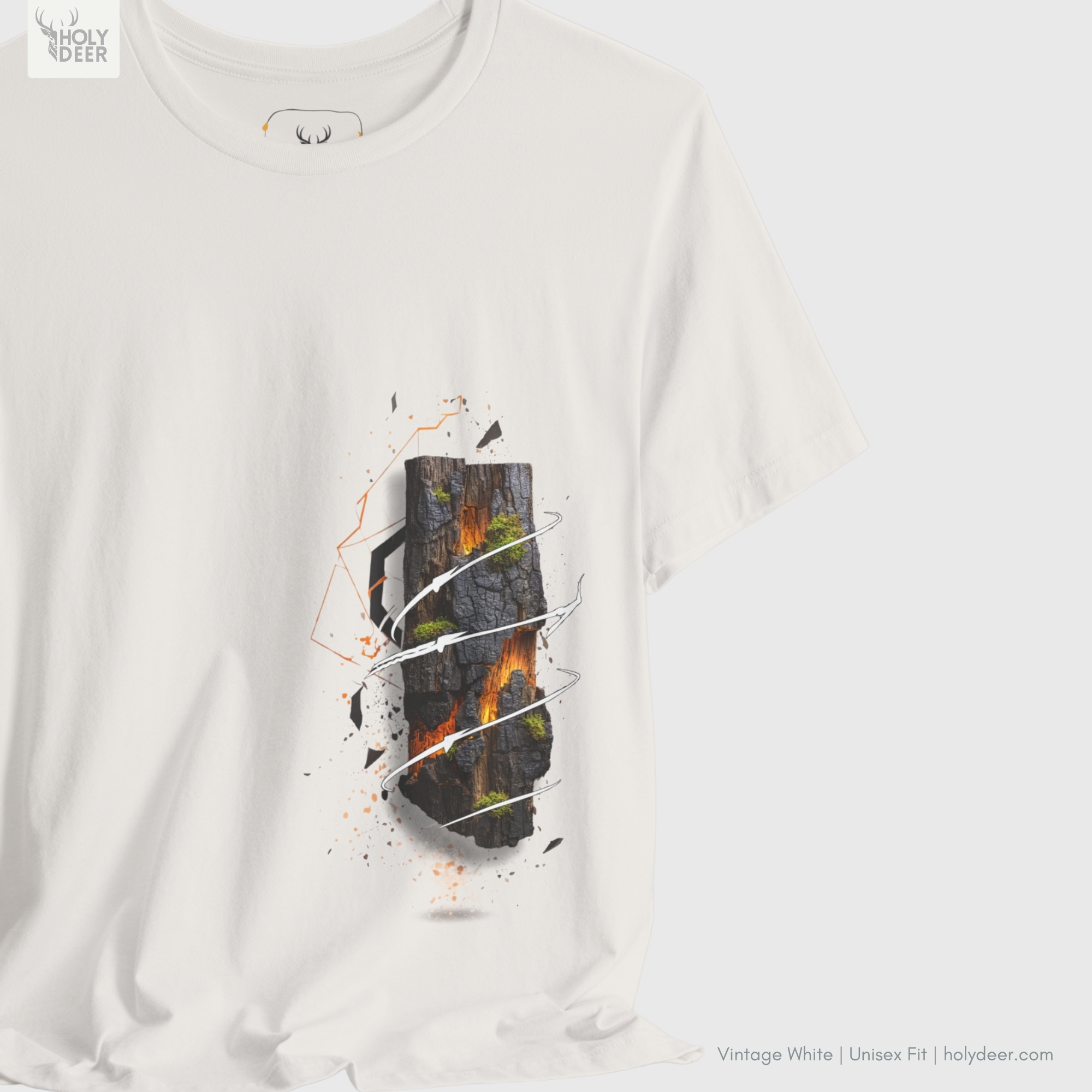 Minimalist dark backdrop focusing heavily on the standalone frame of the Lava Rock Tshirt by Holydeer, proving it acts as a unique wearable art piece and an essential volcanic tee collectible.