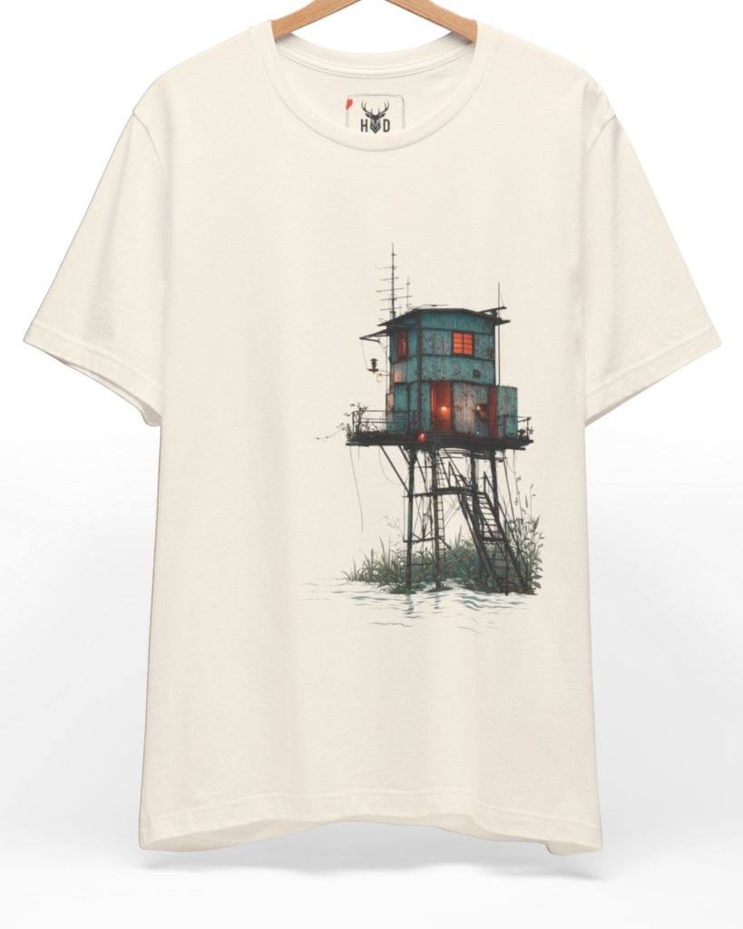 Premium Surreal Coastal Watchtower Shirt displaying a high-detail blue industrial tower and warm orange window light concept on a soft color tee cream layout, designed by Holydeer Clothing.