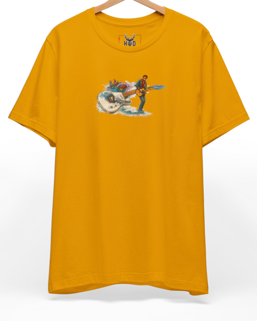 Premium Rock Music Shirt displaying a high-detail surreal guitar art and watercolor musician design concept on a white graphic tee layout, designed by Holydeer Clothing.