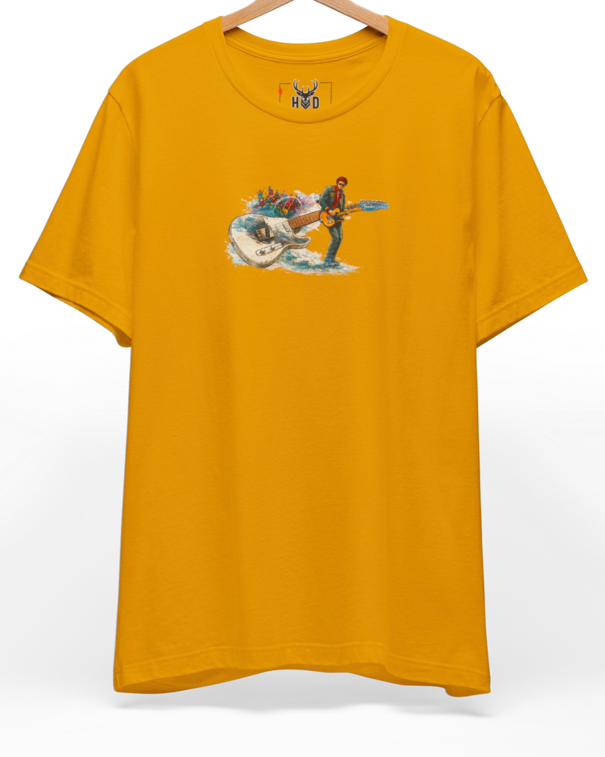Premium Rock Music Shirt displaying a high-detail surreal guitar art and watercolor musician design concept on a white graphic tee layout, designed by Holydeer Clothing.