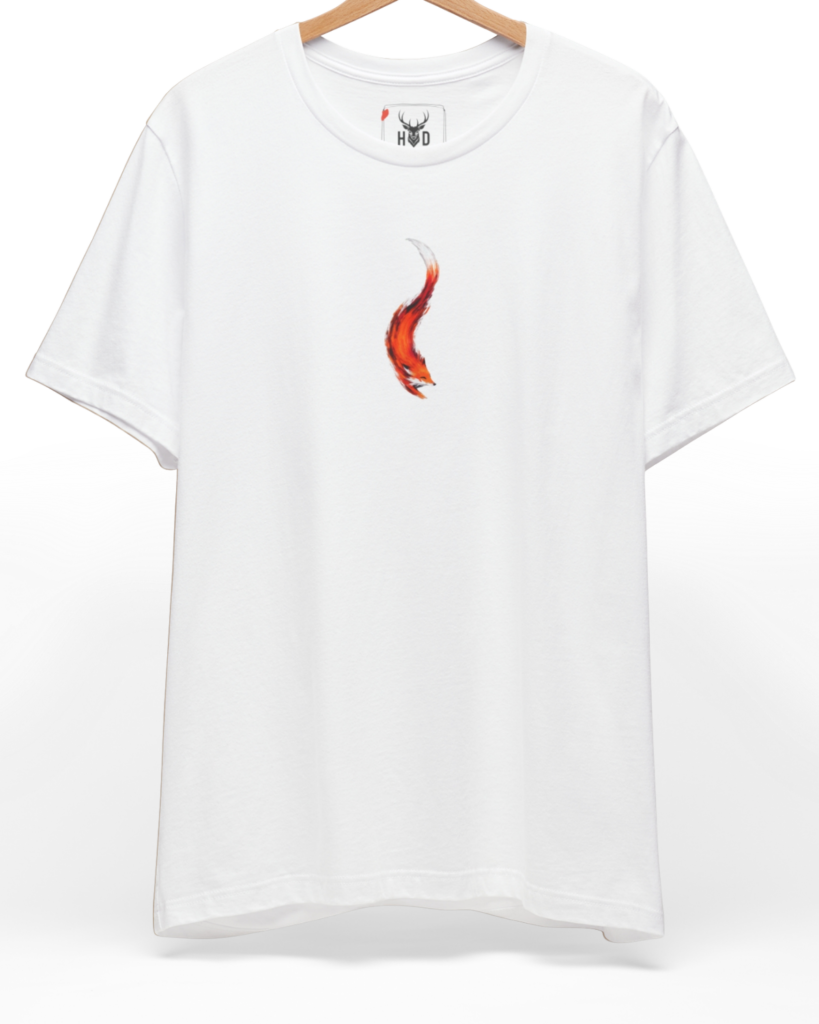 Centered layout perspective of the red-fox-apparel-design-modern-aesthetic-animal-tee-by-holydeer-exclusive-nature-drop.jpg piece showing the sleek orange ink curve printed on a premium white Holydeer garment.