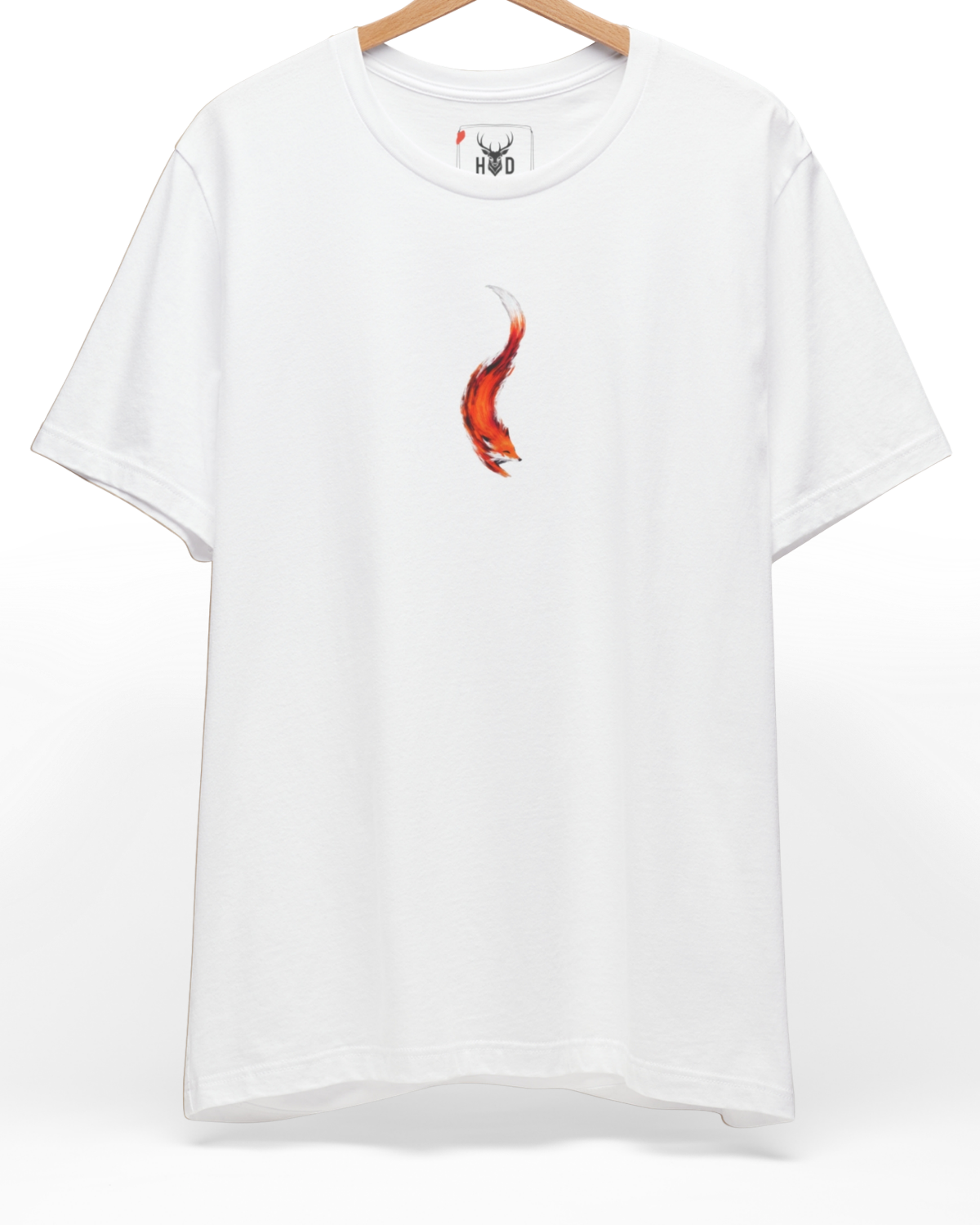 Centered layout perspective of the red-fox-apparel-design-modern-aesthetic-animal-tee-by-holydeer-exclusive-nature-drop.jpg piece showing the sleek orange ink curve printed on a premium white Holydeer garment.