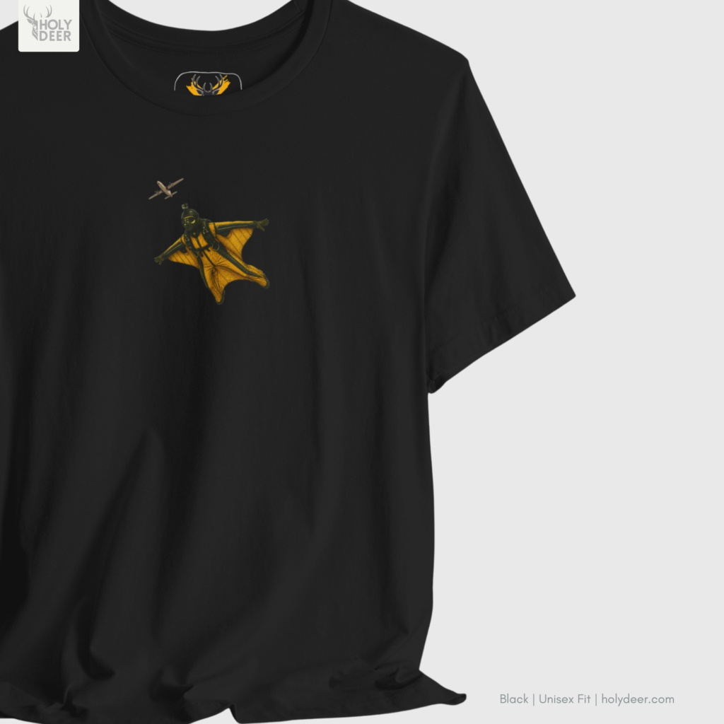 Alpine lifestyle model wearing the centered yellow Wingsuit Pilot Tee from Holydeer Clothing, standing as a high-end base jumper shirt statement matching elite minimalist flight trends.