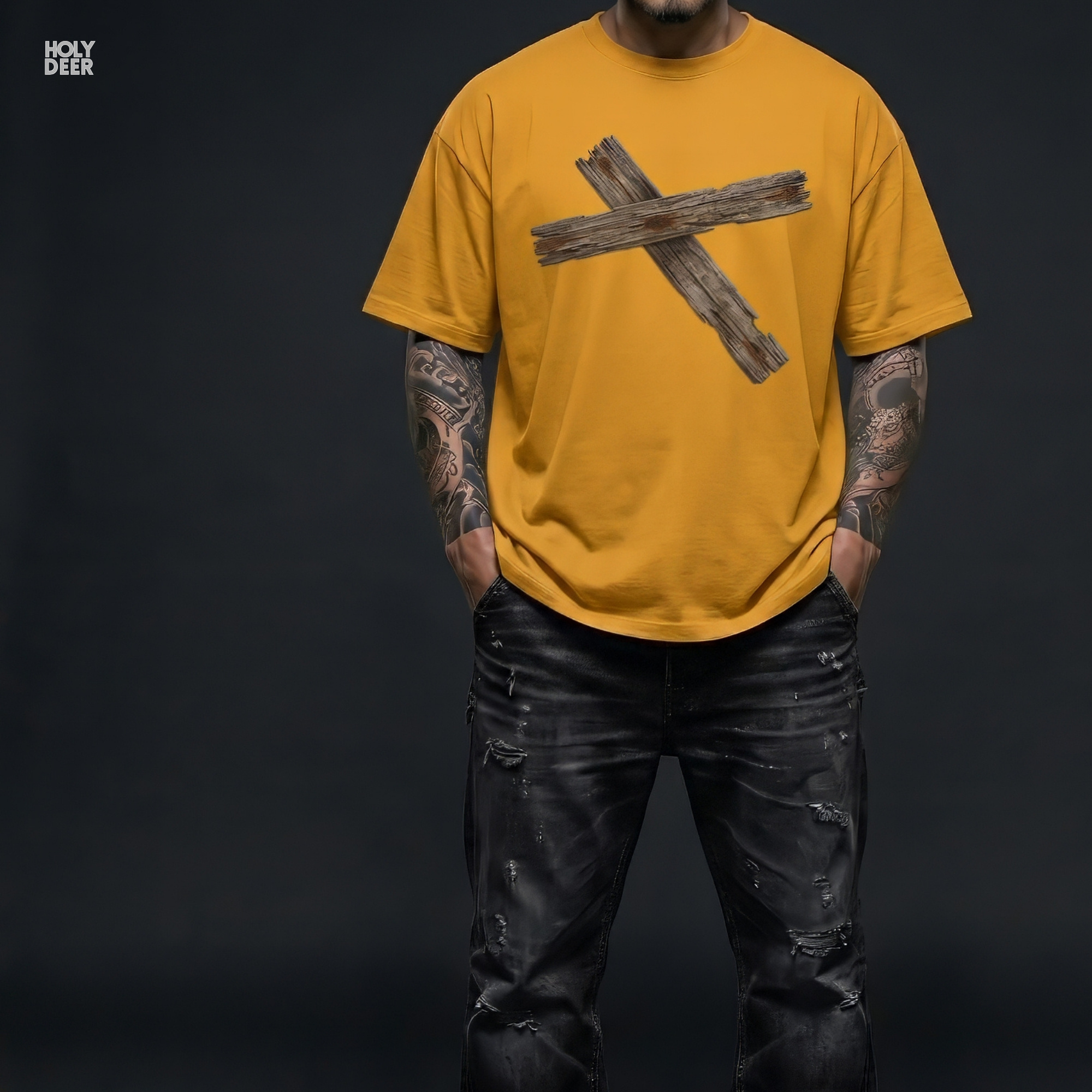 Macro view of the fine line-art details and clean contrast shading on the single bleeding iron rust halos and deep core timber splits embedded in the Wooden Cross Tshirt artwork, showing the print depth that separates this holydeer tee from generic products.