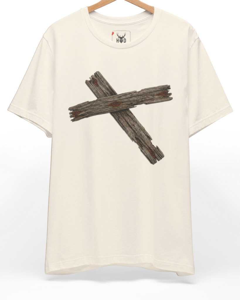 Premium Wooden Cross Tshirt displaying a unique wooden cross tshirt rustic cross tee grunge cross shirt vintage cross tee minimal layout on a natural cream backdrop, designed by Holydeer Clothing.