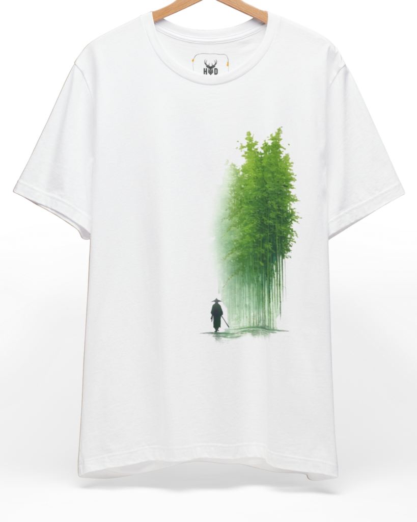 Front perspective of the japanese-art-tee-minimal-samurai-bamboo-forest-zen-design-soft-green-aesthetic-modern-kawaii-style-holydeer-inspired-apparel.jpg garment showing the green ink cluster printed on a premium white Holydeer knit shirt.