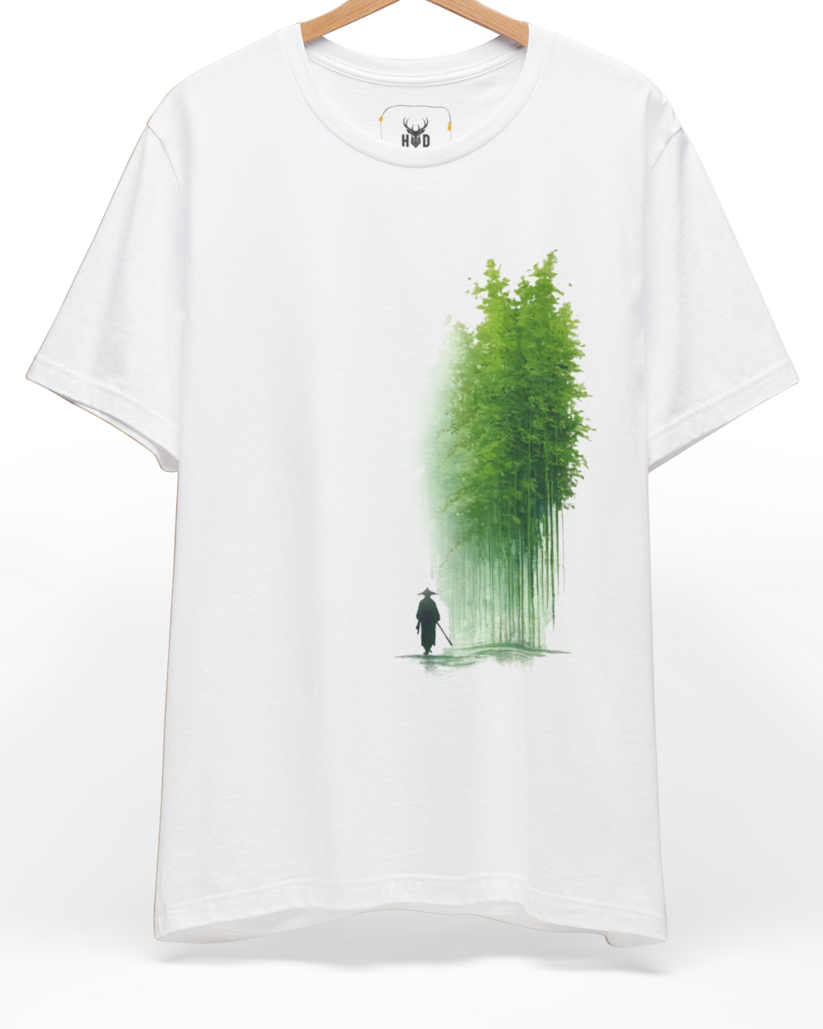 Front perspective of the japanese-art-tee-minimal-samurai-bamboo-forest-zen-design-soft-green-aesthetic-modern-kawaii-style-holydeer-inspired-apparel.jpg garment showing the green ink cluster printed on a premium white Holydeer knit shirt.
