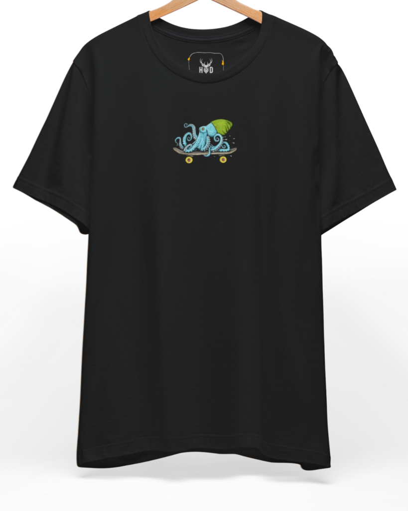 Premium Skater Octopus shirt displaying a high-detail minimalist illustration with a blue octopus wearing a cool beanie top on a skateboard shirt layout, designed by Holydeer Clothing.