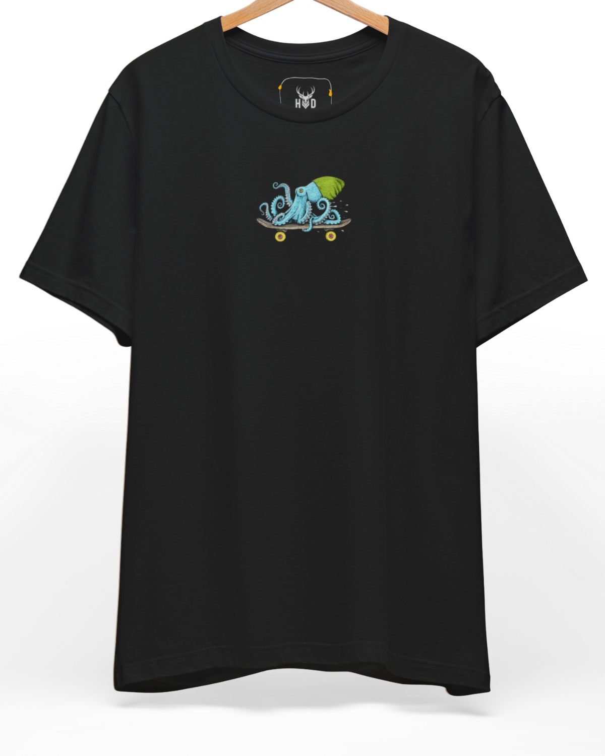 Premium Skater Octopus shirt displaying a high-detail minimalist illustration with a blue octopus wearing a cool beanie top on a skateboard shirt layout, designed by Holydeer Clothing.