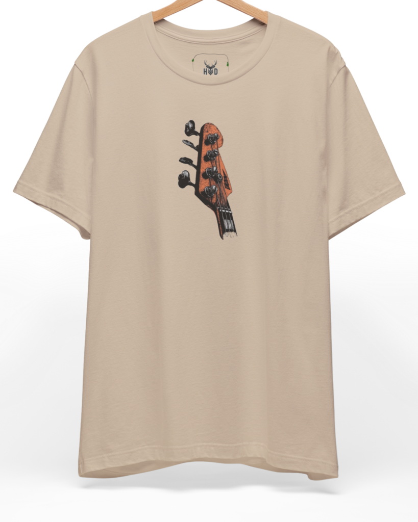 Premium Bass Guitar Tee showing a high-detail vintage rock top headstock graphic print, designed exclusively by Holydeer Clothing for dedicated bassist graphic tee collectors and indie creator wear fans.