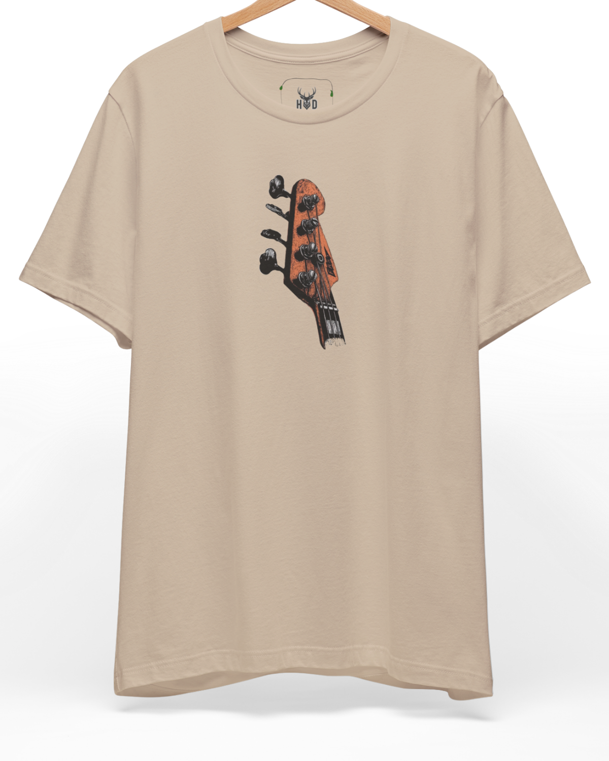 Premium Bass Guitar Tee showing a high-detail vintage rock top headstock graphic print, designed exclusively by Holydeer Clothing for dedicated bassist graphic tee collectors and indie creator wear fans.