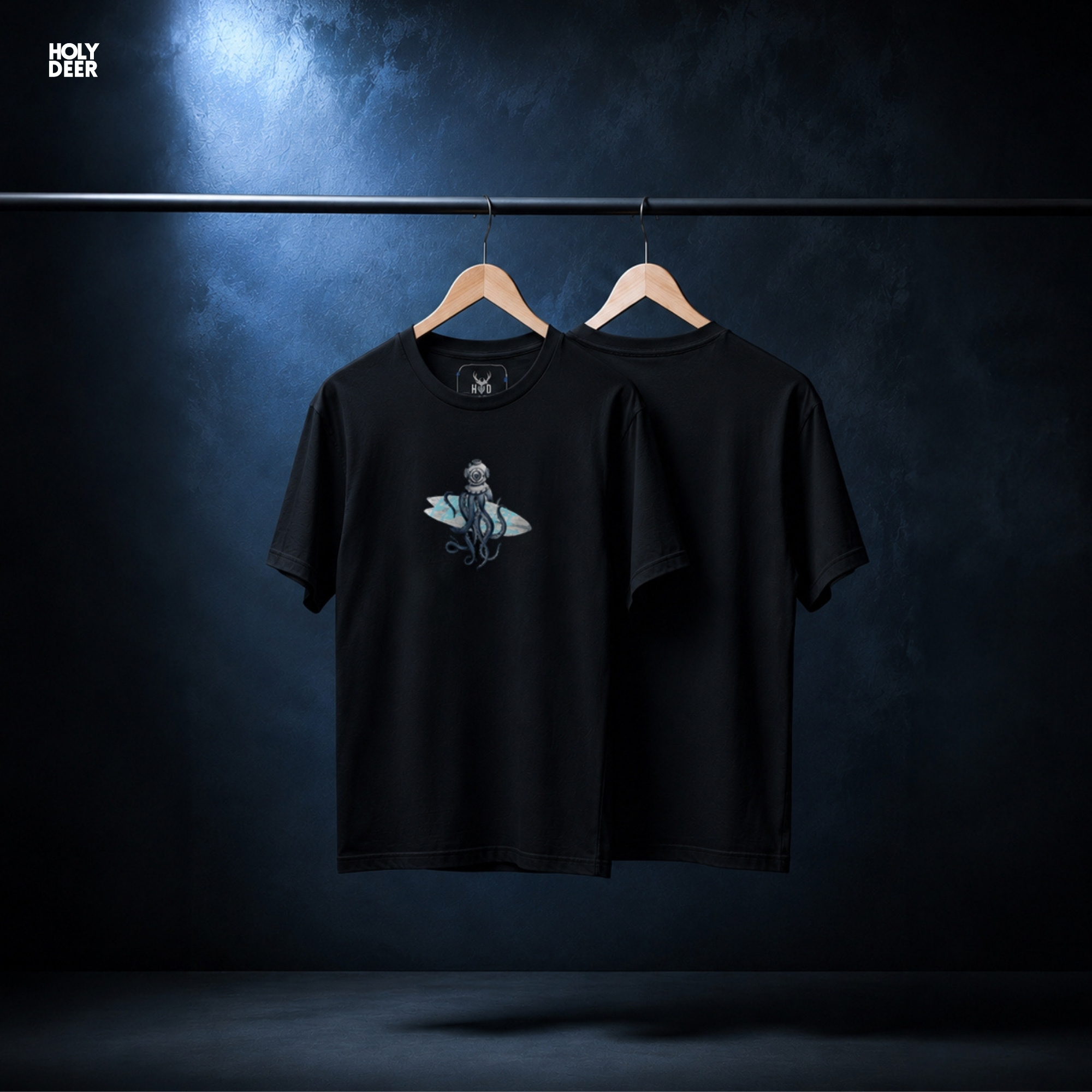 Angled perspective of the premium screen-printed Diver Octopus Shirt, detailing the thick paint feel, surfboard graphic alignment, and the signature holydeer tee high-contrast vintage diver kask look.