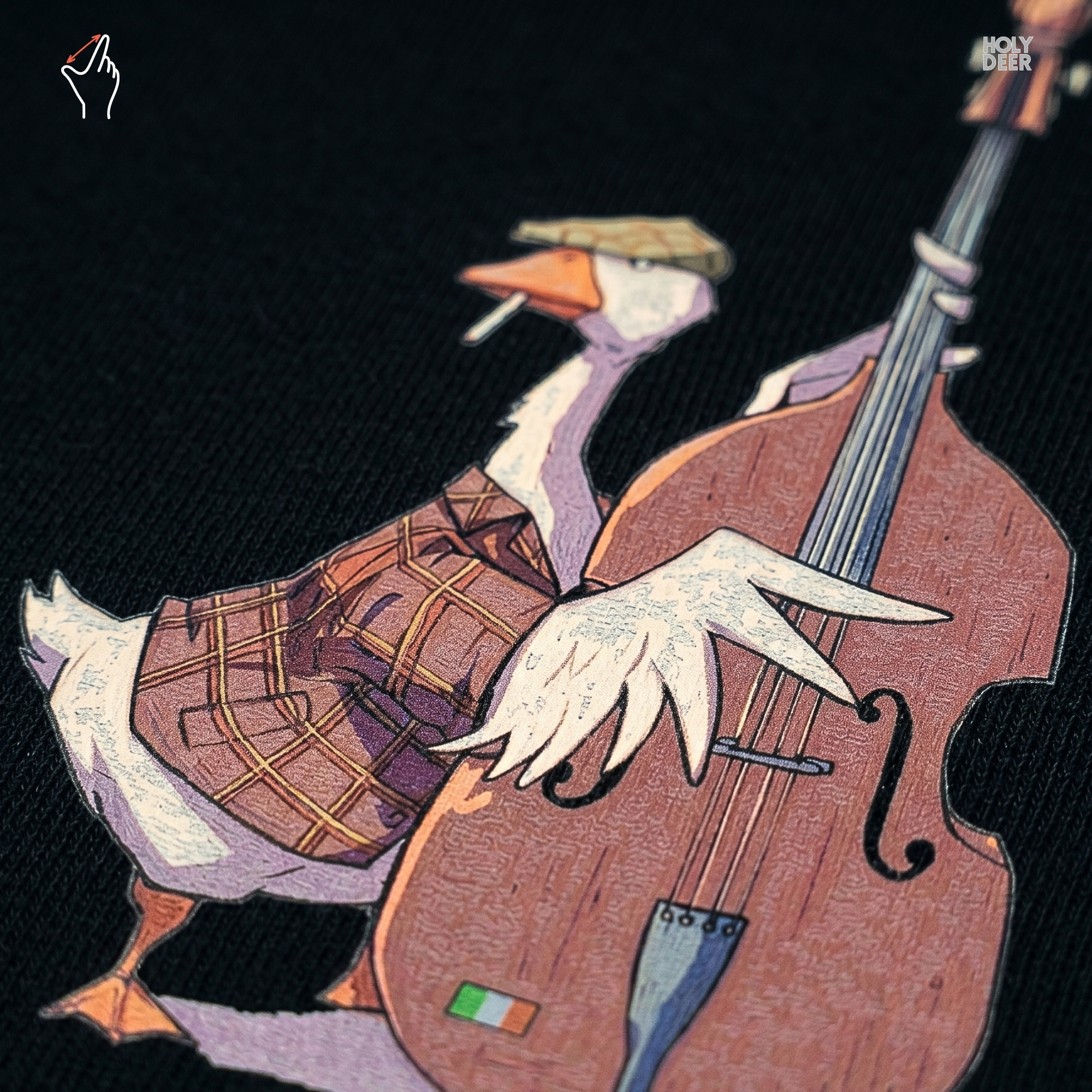 Macro view of the Musician Goose Top print showcasing intricate wood grain textures on the upright bass, vintage tweed jacket folds, and fine cottagecore lines crafted exclusively by Holydeer Streetwear.