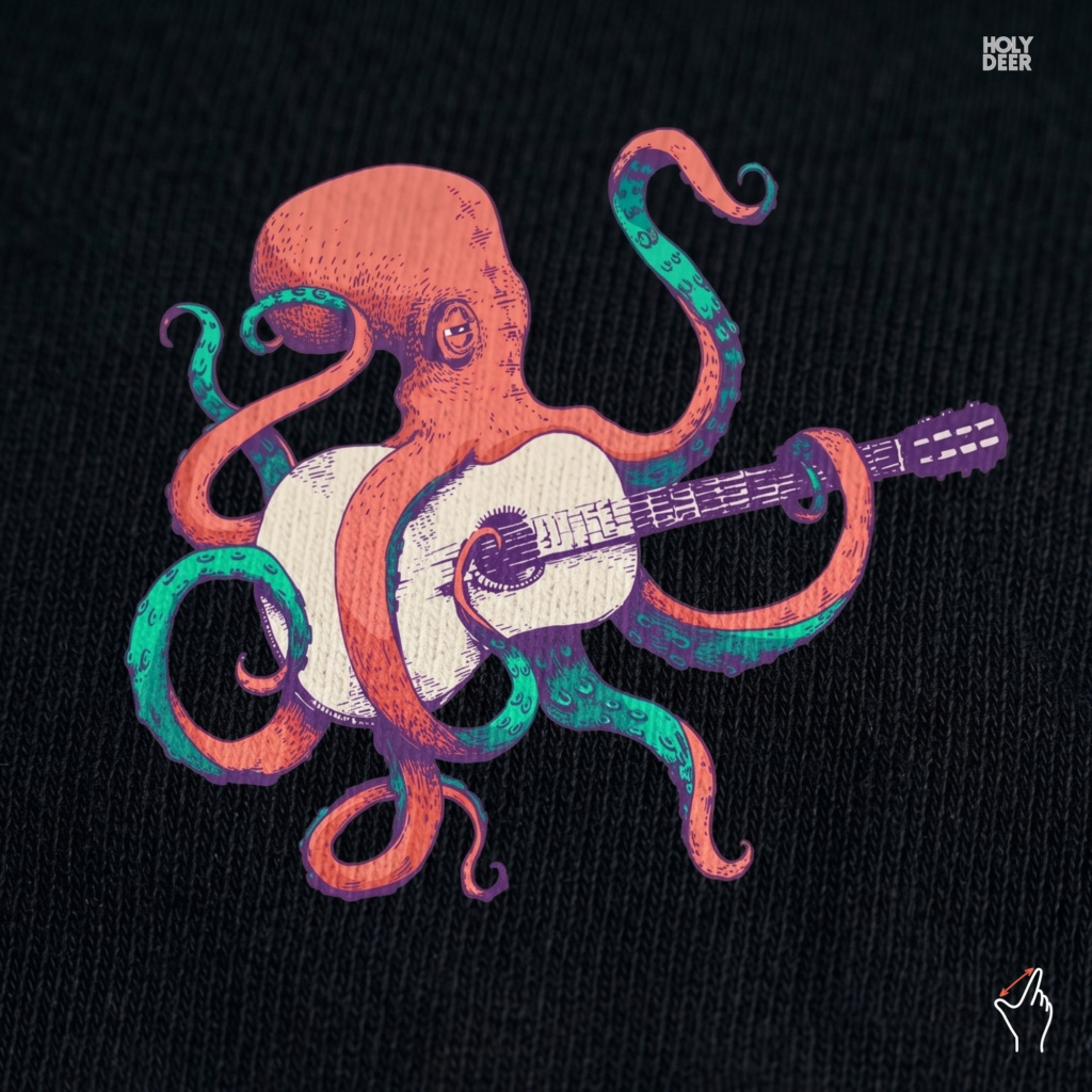Macro view of the Indie Musician Tee print showcasing intricate turquoise suction cups on the orange tentacles, clean acoustic guitar lines, and fine music aesthetic details crafted exclusively by Holydeer Streetwear.