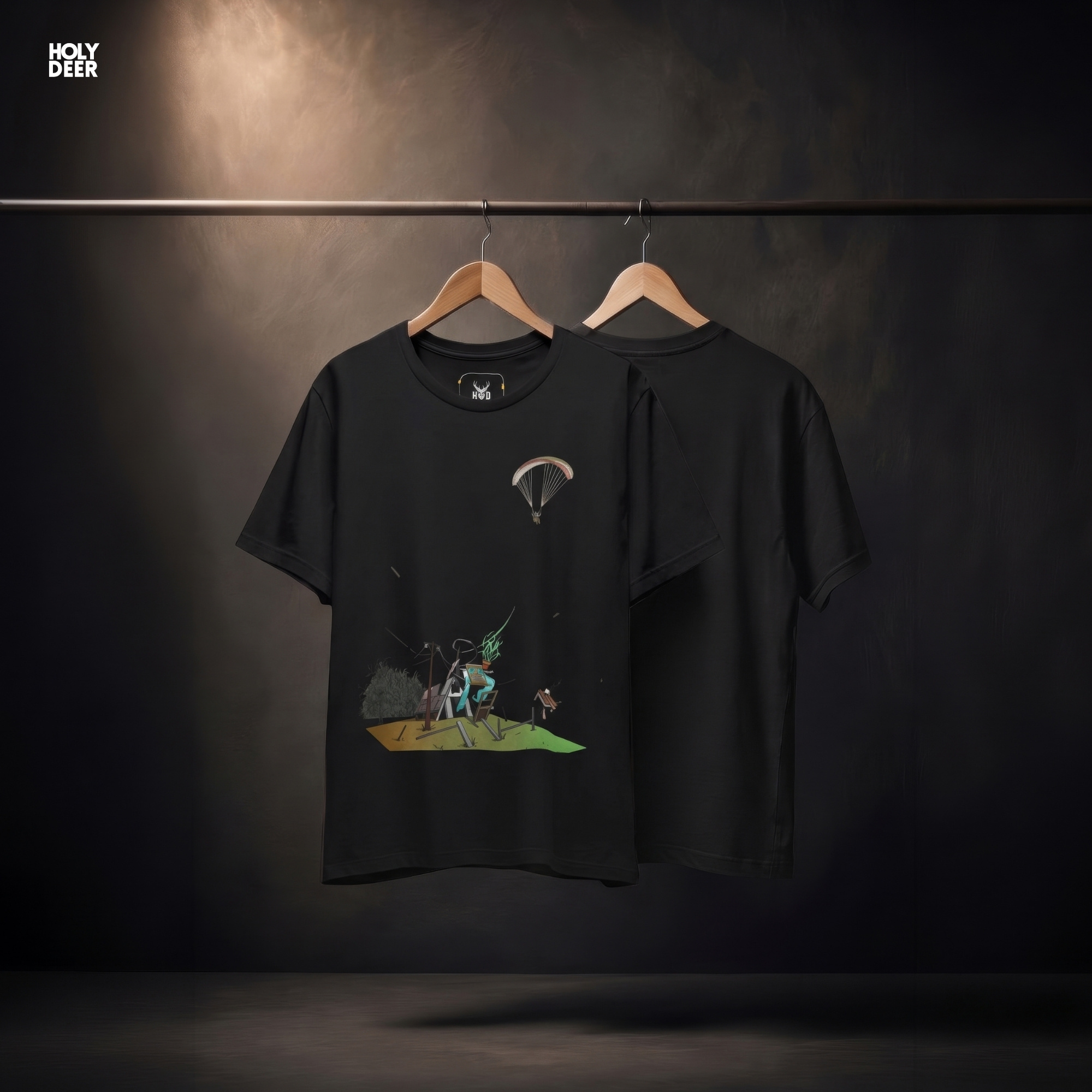 Moody high-contrast product edit of the Paragliding Tee, maximizing the dark mustard graphic tee shadows and cementing Holydeer Clothing as the supreme design authority.