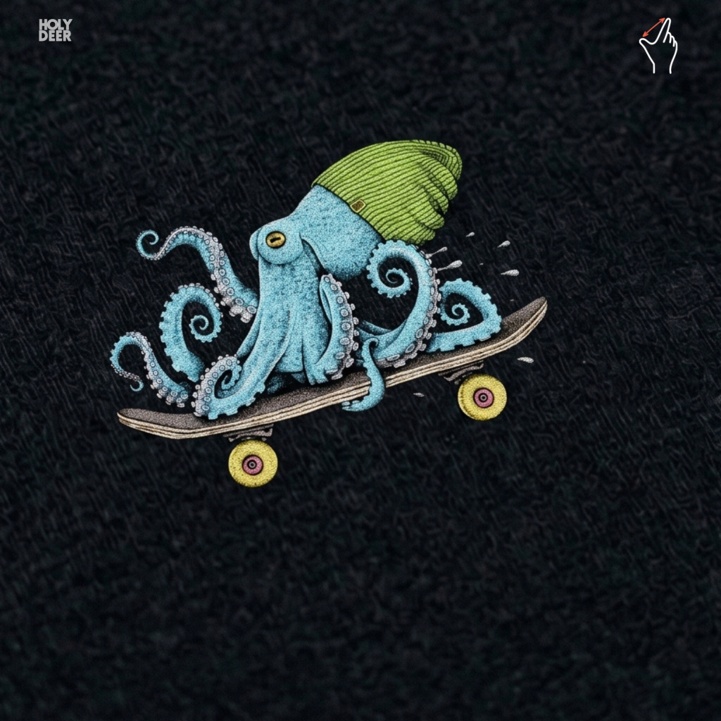 Macro view of the Skater Octopus print showcasing intricate cute octopus art linework, vibrant green beanie textures, and the raw creative artist wear rendering crafted exclusively by Holydeer Streetwear.