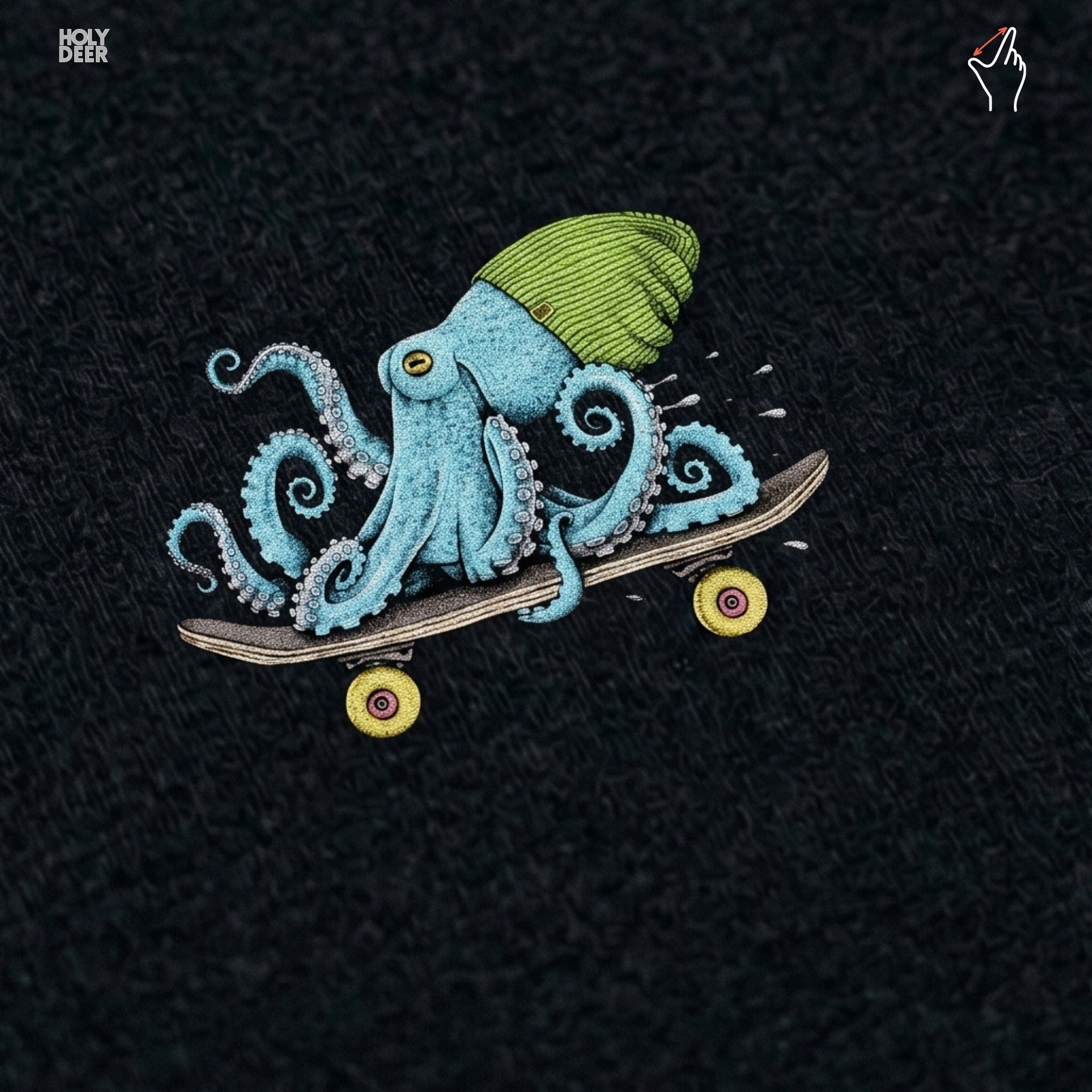 Macro view of the Skater Octopus print showcasing intricate cute octopus art linework, vibrant green beanie textures, and the raw creative artist wear rendering crafted exclusively by Holydeer Streetwear.